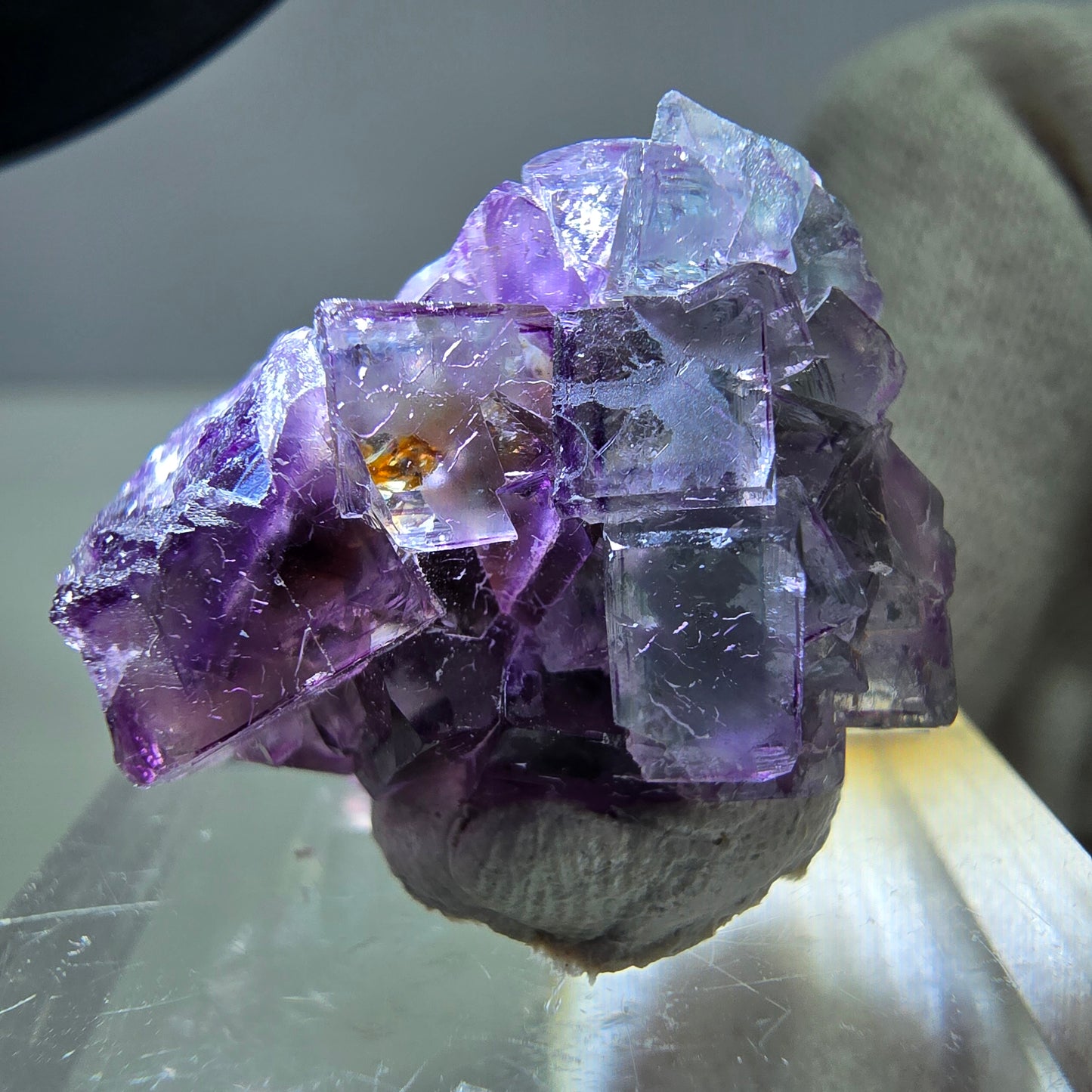 Spécimen zonal de cube de fluorite fantôme, vert violet, Okorusu, Namibie, 24 x 17 x 14 mm