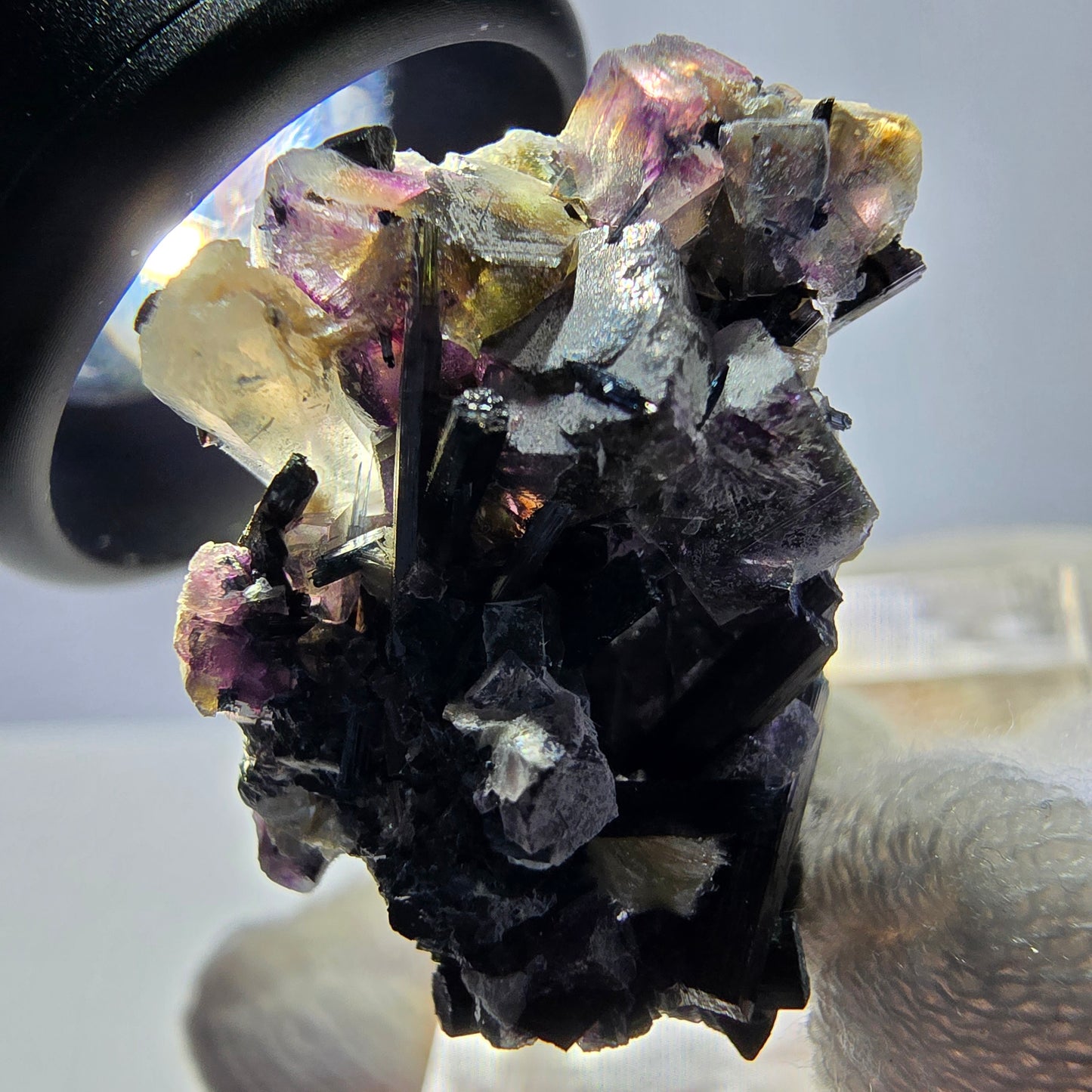 Spécimen de fluorite fantôme colorée, tourmaline scholle, muscovite, Erongo, Namibie, 28 x 30 x 19 mm