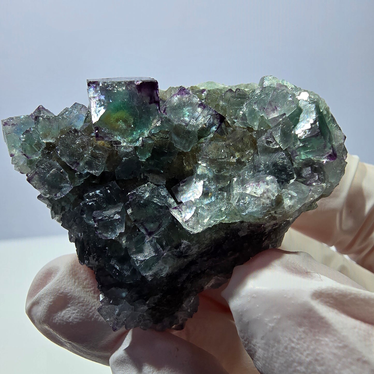 Spécimen de cube de fluorite fantôme, vert-violet zonal, Okorusu, Namibie, 35 x 35 x 28 mm