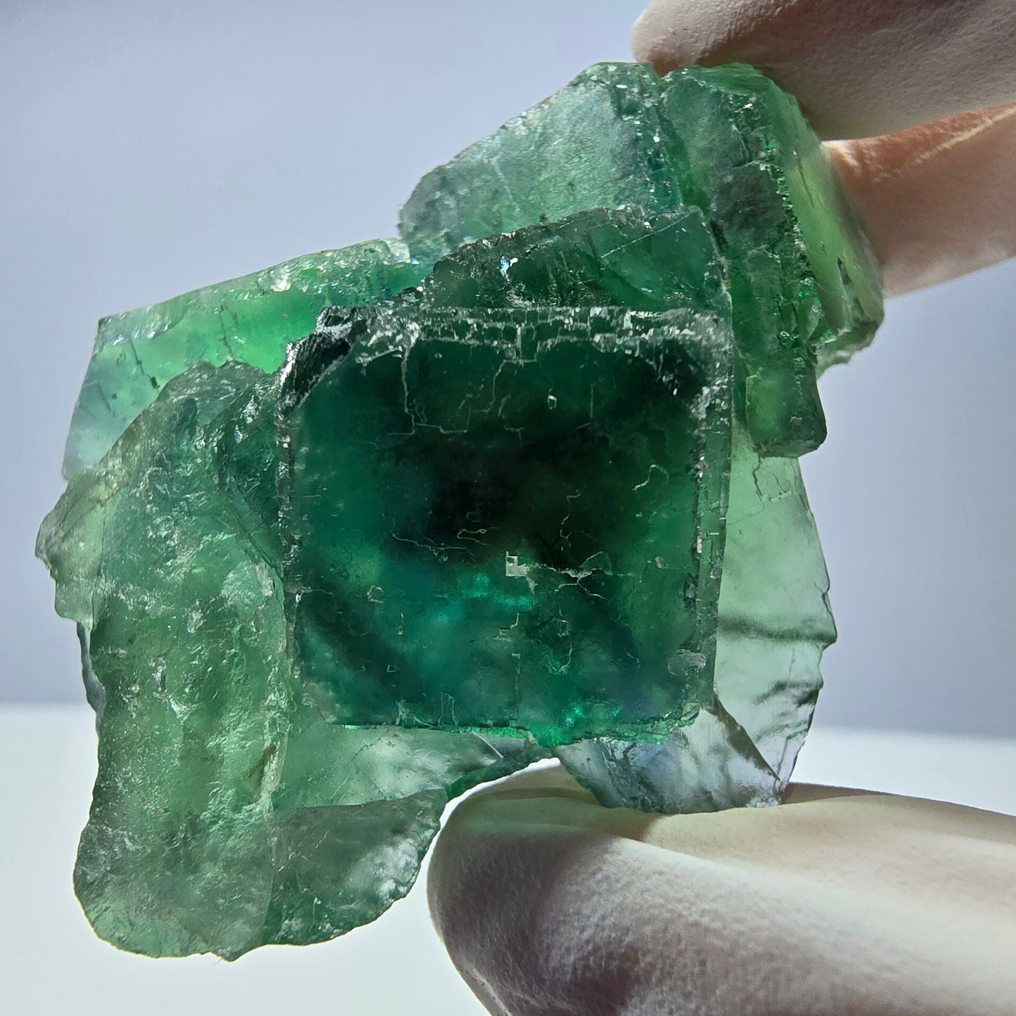 Spécimen de cube de fluorite fantôme transparente, vert parqueté, Okorusu, Namibie, 55 x 45 x 23 mm