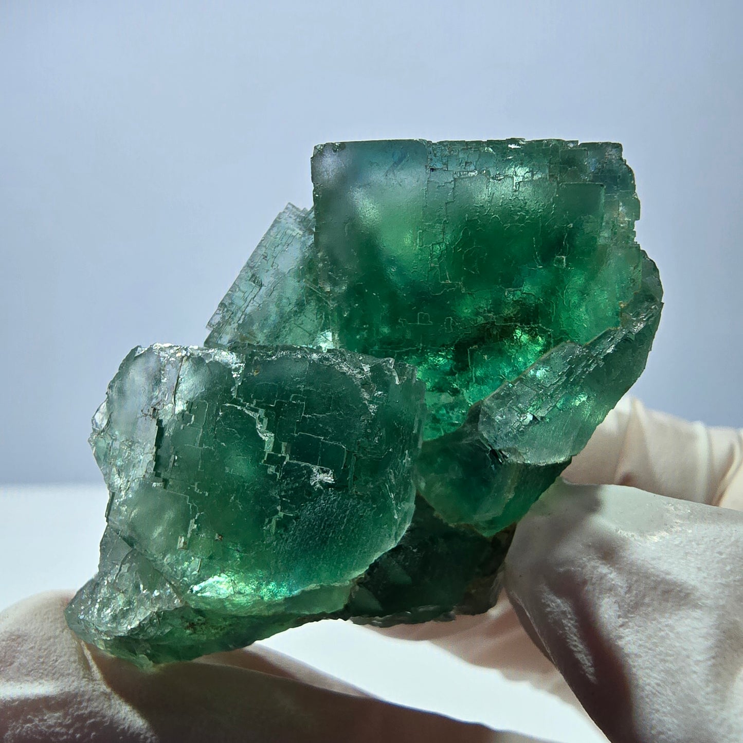 Spécimen de cube de fluorite fantôme transparente, vert parqueté, Okorusu, Namibie, 54 x 33 x 29 mm