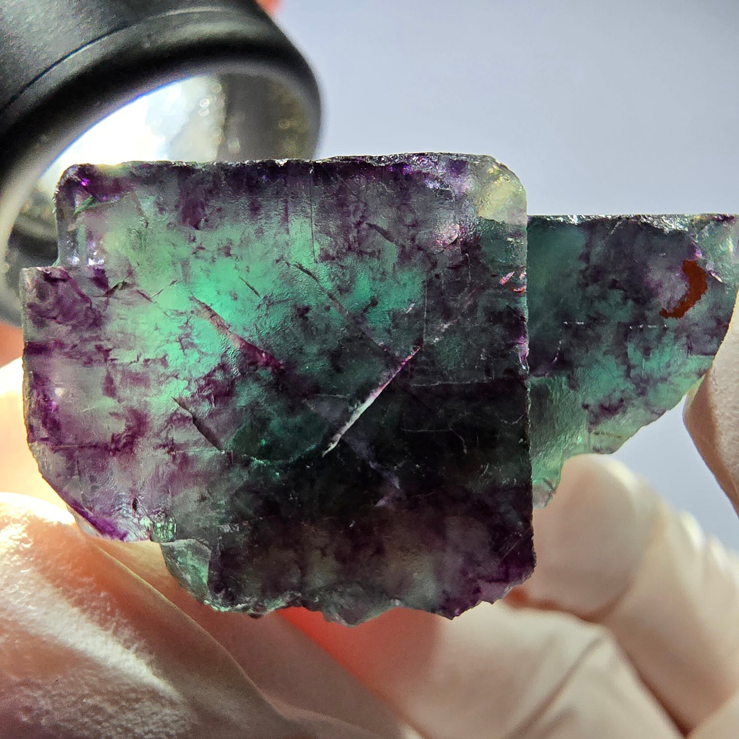 Spécimen de cube de fluorite fantôme parqueté vert violet Okorusu, Namibie 34*26*21mm