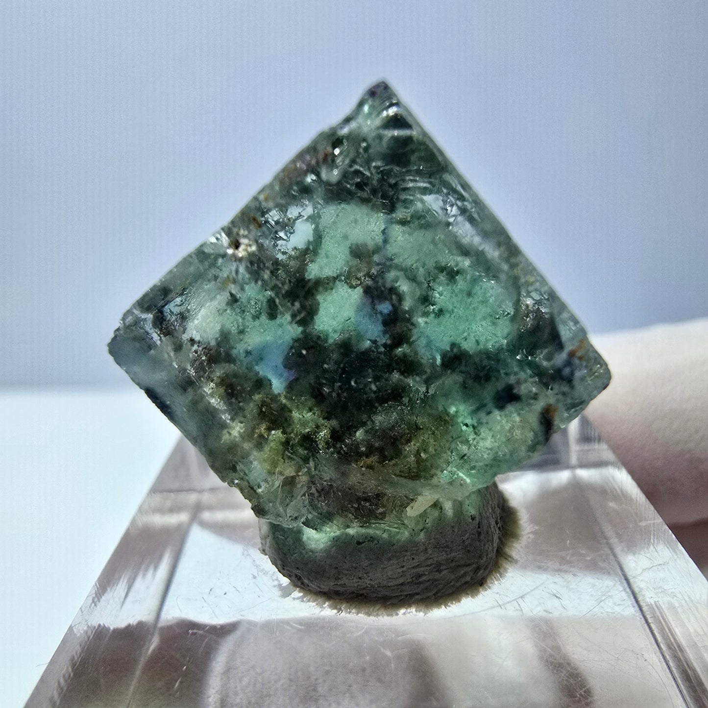 Cube de fluorite fantôme transparente parquetée, vert Okorusu, Namibie 16 x 15 x 13 mm