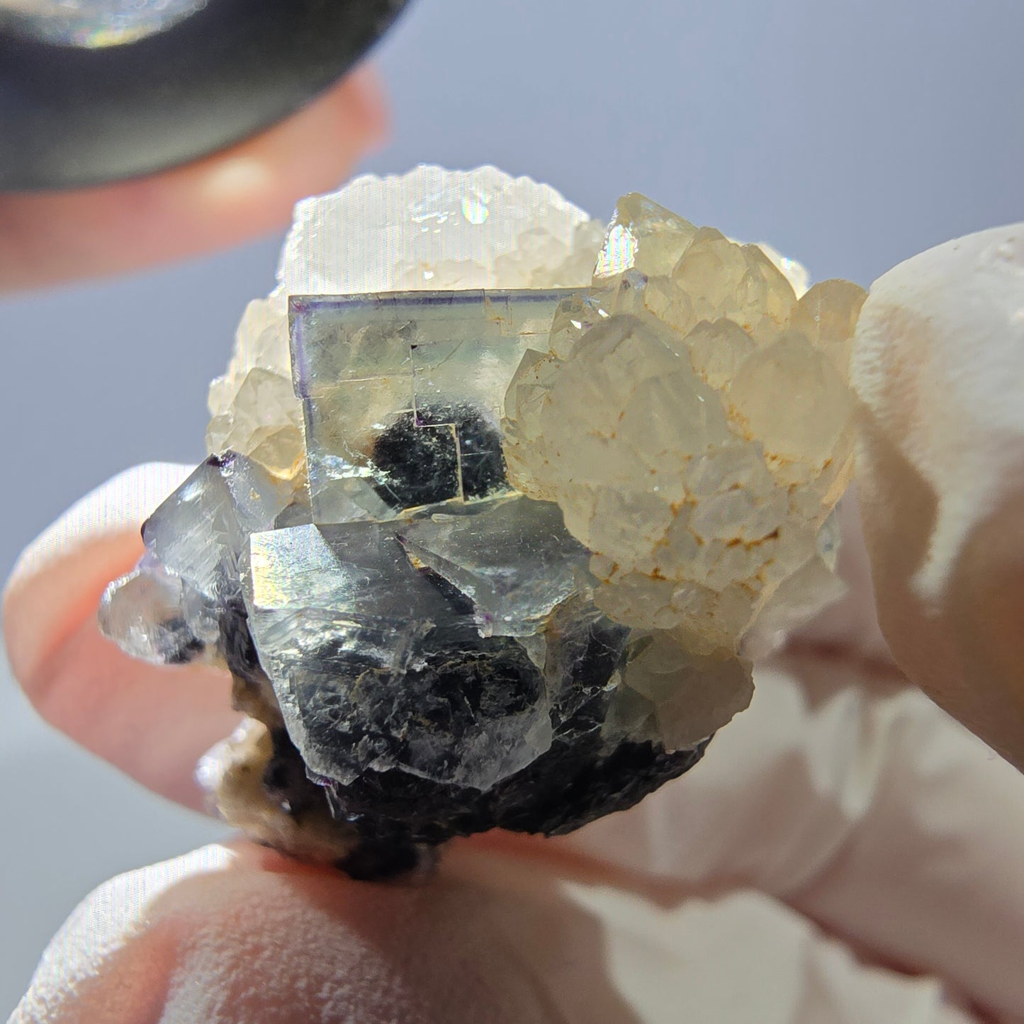 Rare cube de fluorite fantôme, spécimen de quartz vert violet Okorusu Namibie 34*28*25mm