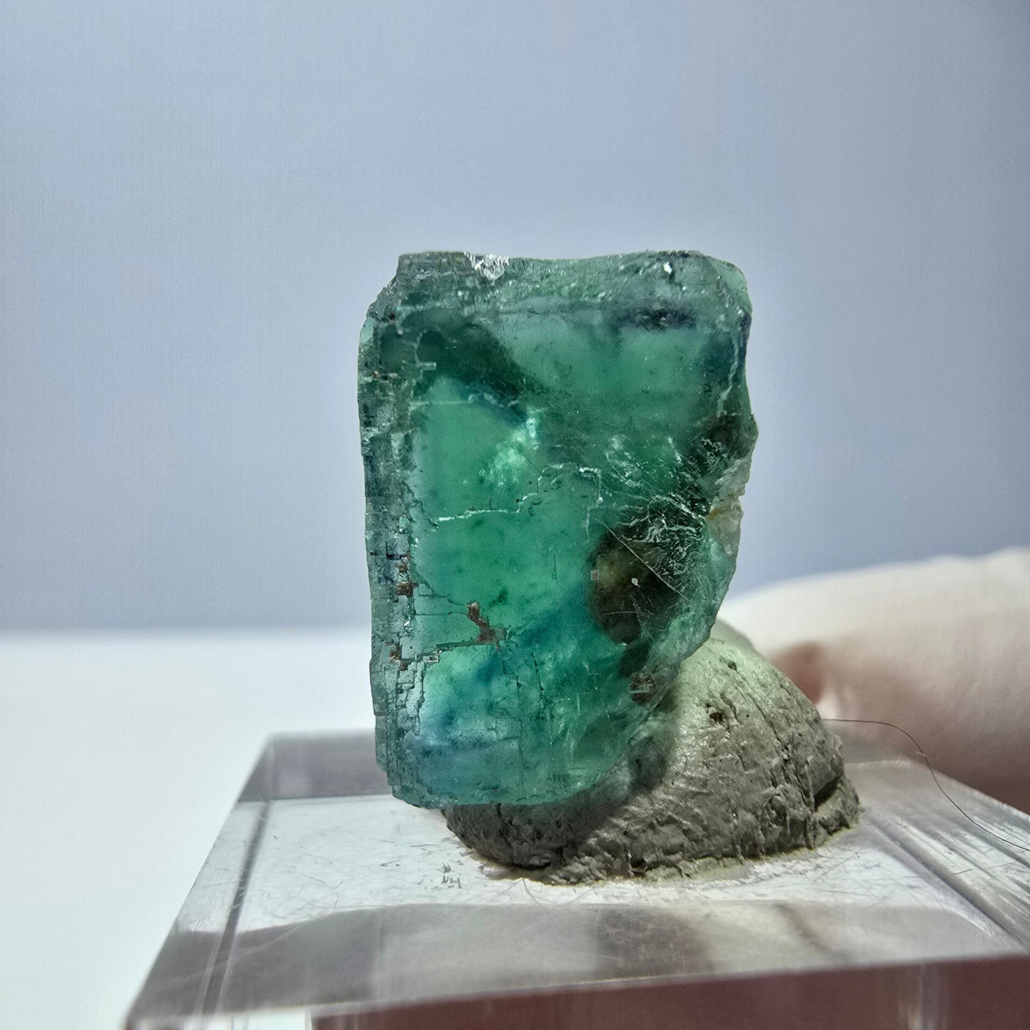 Cube de fluorite fantôme transparente parquetée, vert Okorusu, Namibie 19 x 19 x 15 mm