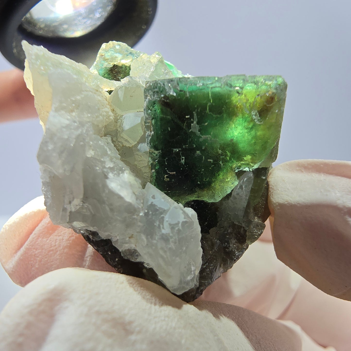 Rare cube de fluorite fantôme, spécimen de quartz vert violet Okorusu Namibie 37*29*27mm
