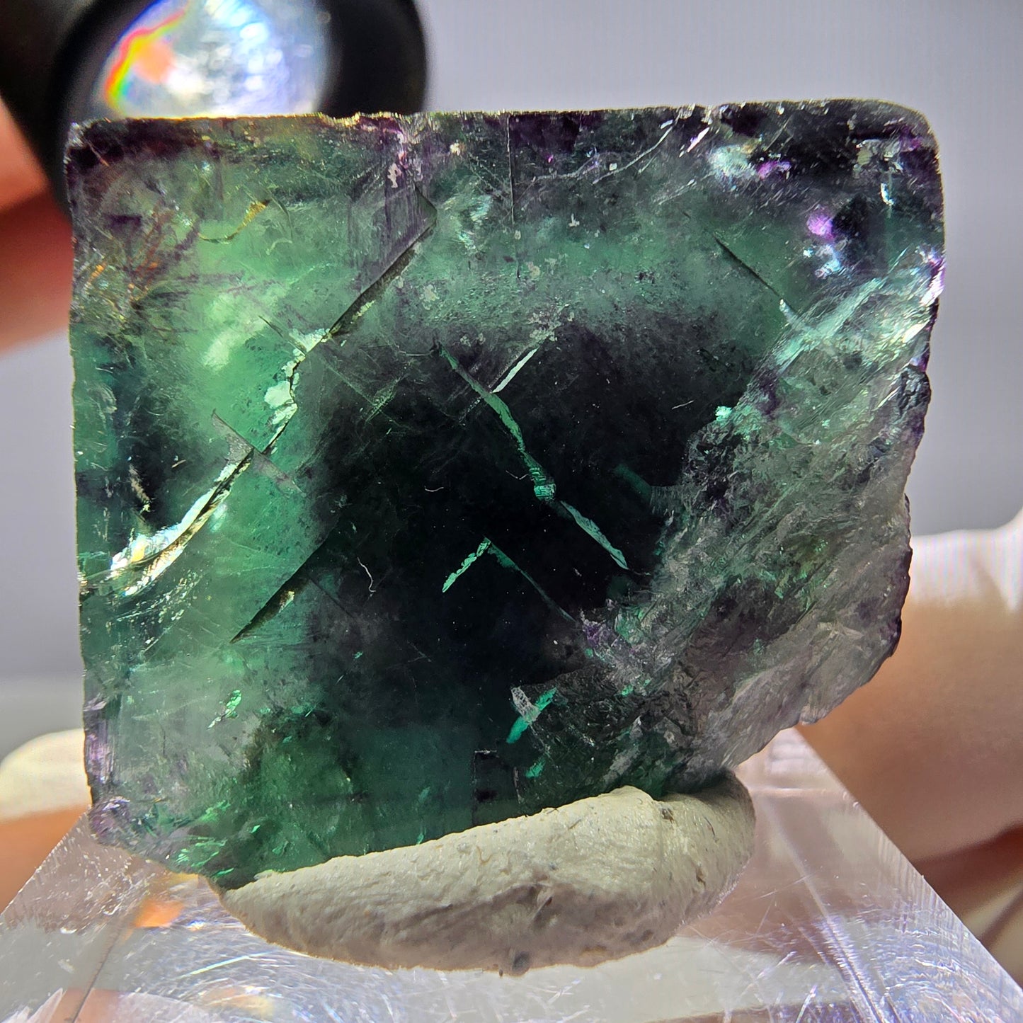 Rare cube de fluorite fantôme parqueté vert violet Okorusu Namibie 27*24*20mm