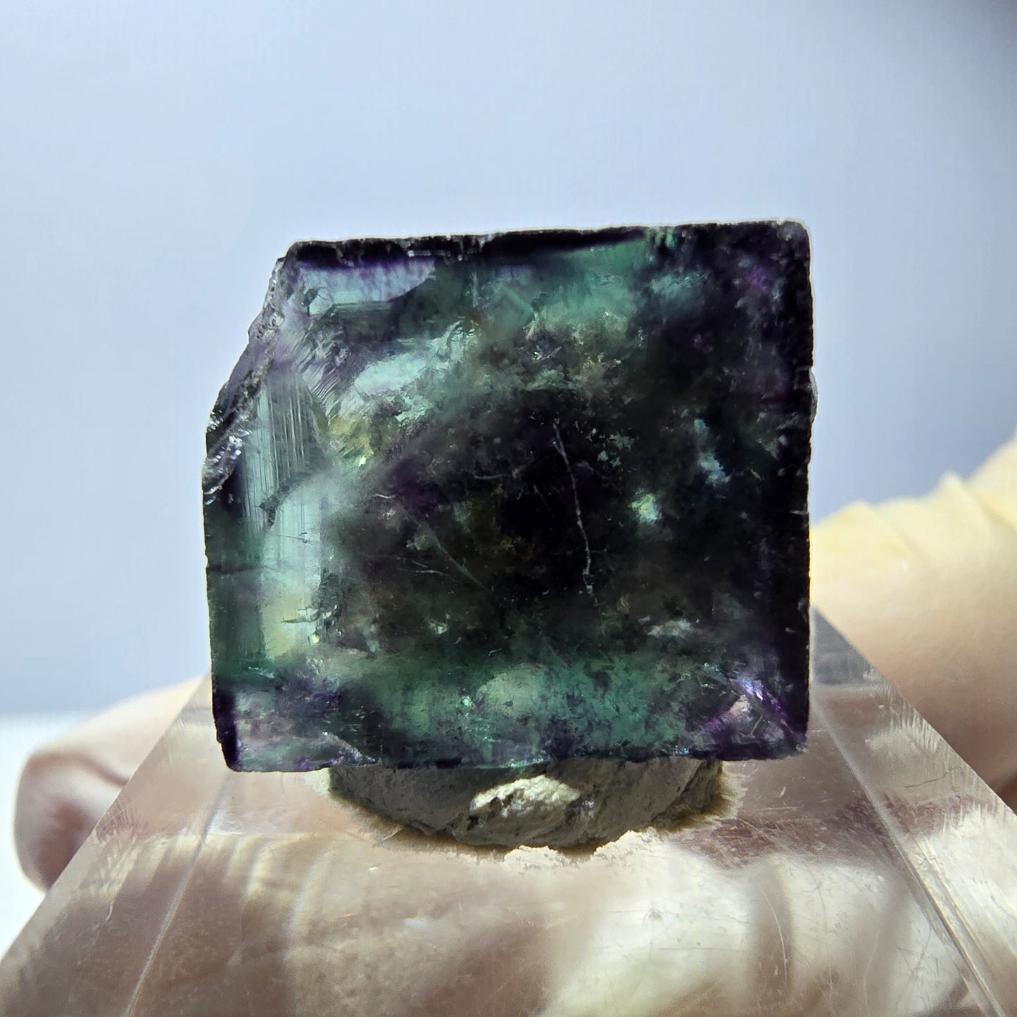 Klarer Phantom Fluorit Würfel, grün lila Okorusu, Namibia 18*16*15mm