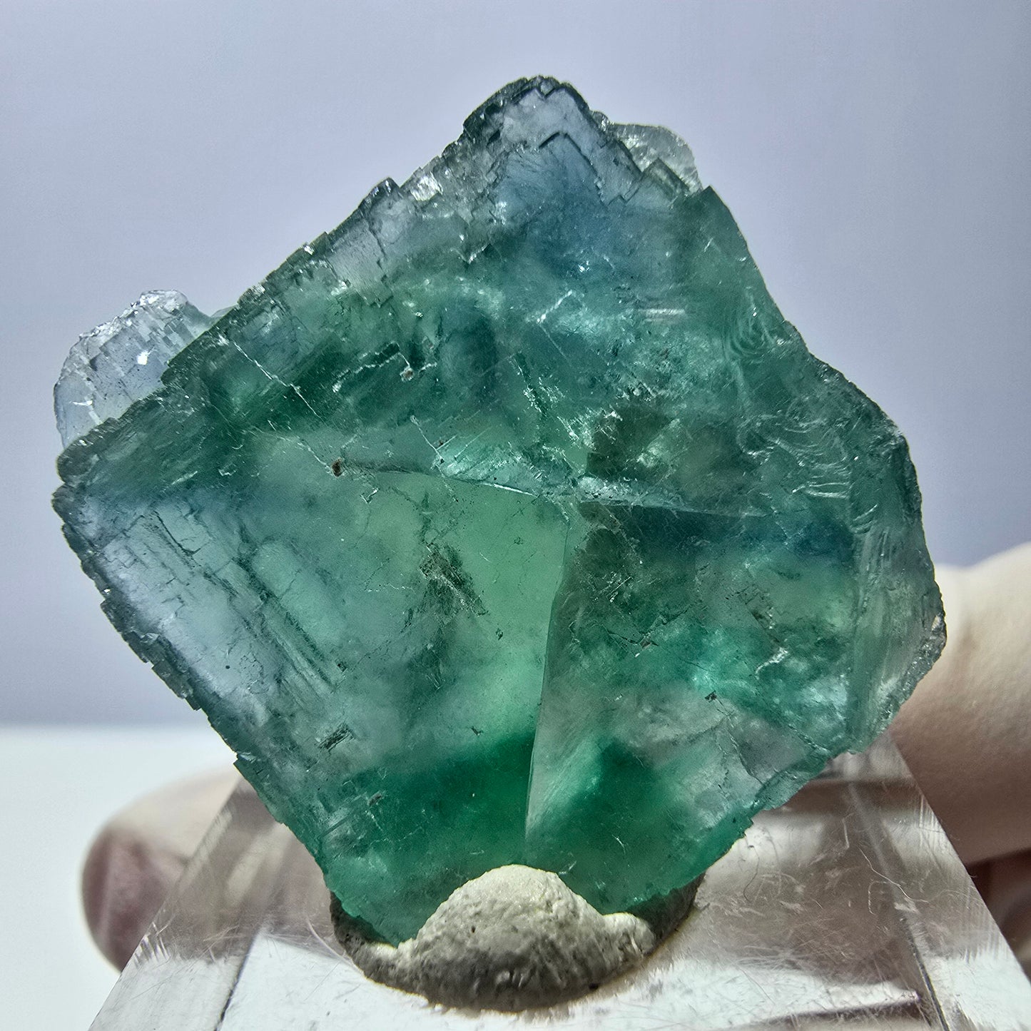 Cube de fluorite fantôme transparente parquetée, vert Okorusu, Namibie 28 x 25 x 14 mm