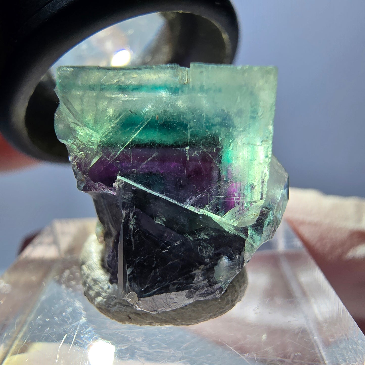 Spécimen de cube de fluorite fantôme, parqueté vert violet Okorusu, Namibie 19 x 18 x 15 mm