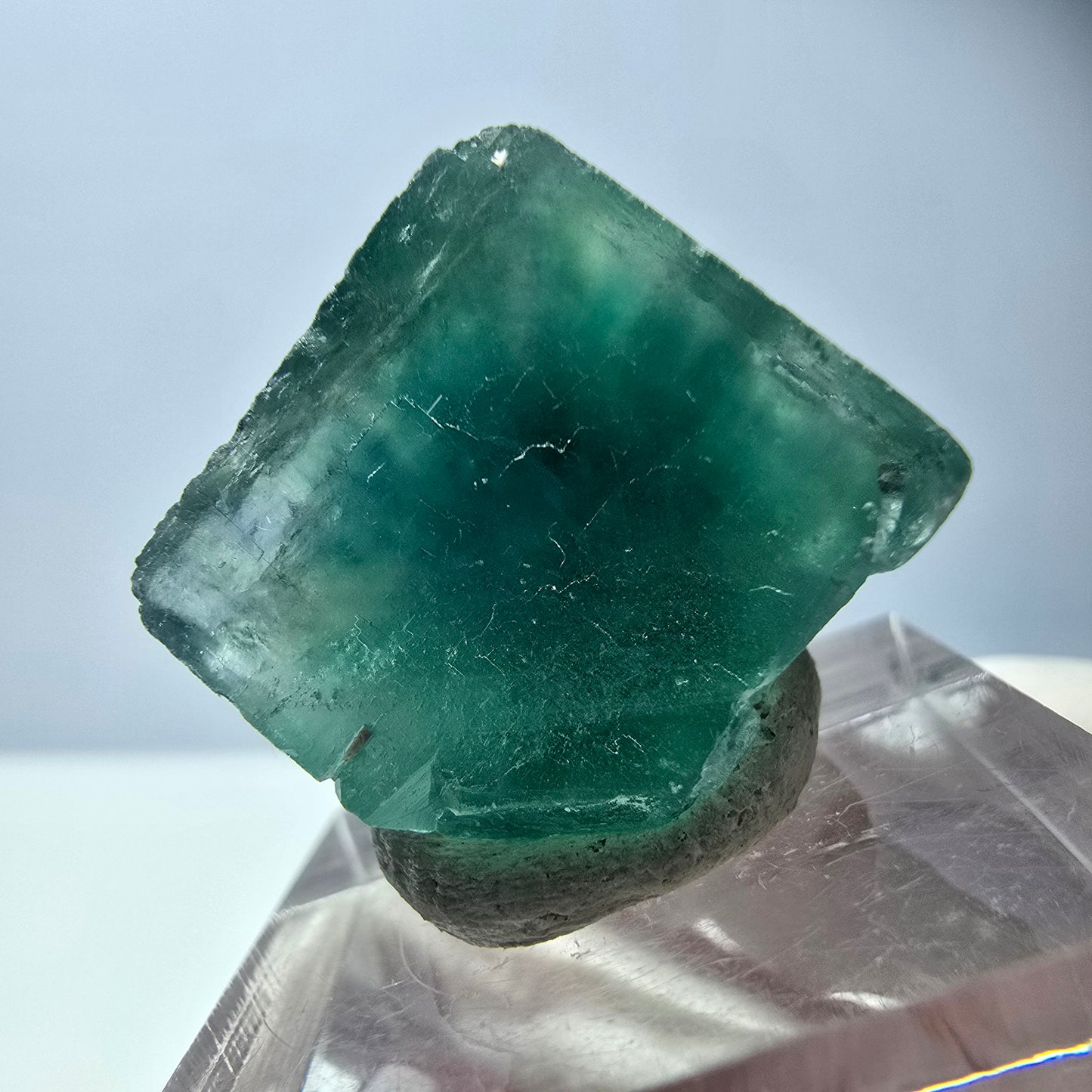 Cube de fluorite fantôme transparente parquetée, vert Okorusu, Namibie 18 x 18 x 17 mm