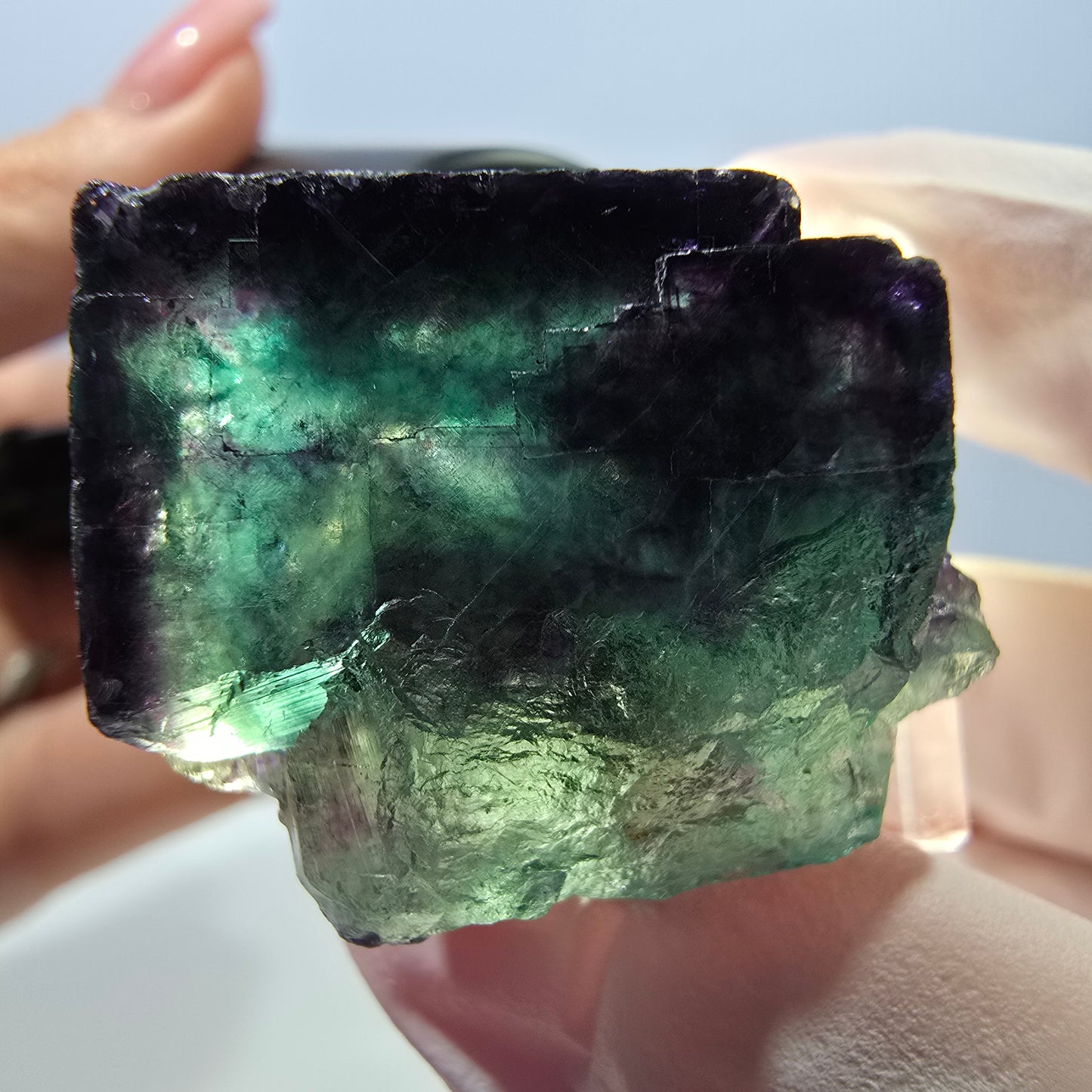 Spécimen de cube de fluorite fantôme, parqueté vert violet Okorusu, Namibie 28*24*22 mm