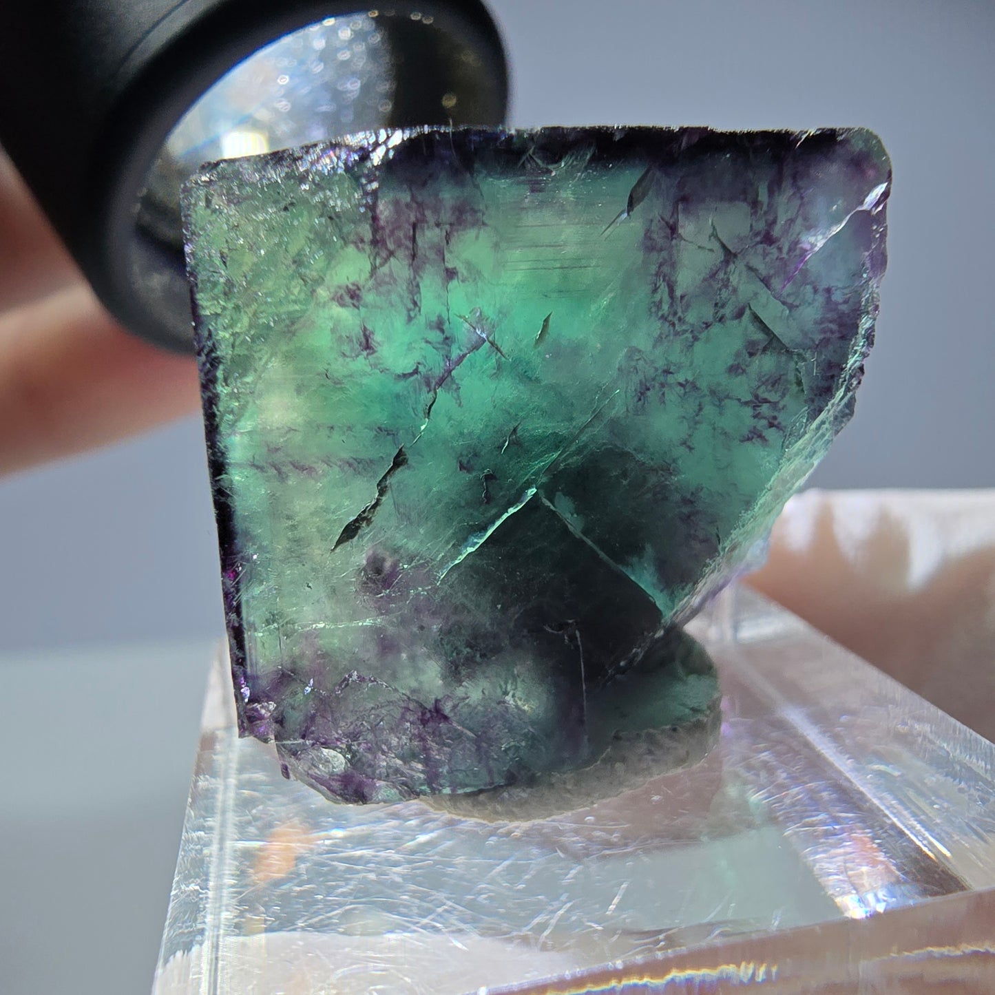 Rare cube de fluorite fantôme parqueté vert violet Okorusu Namibie 23*21*13mm