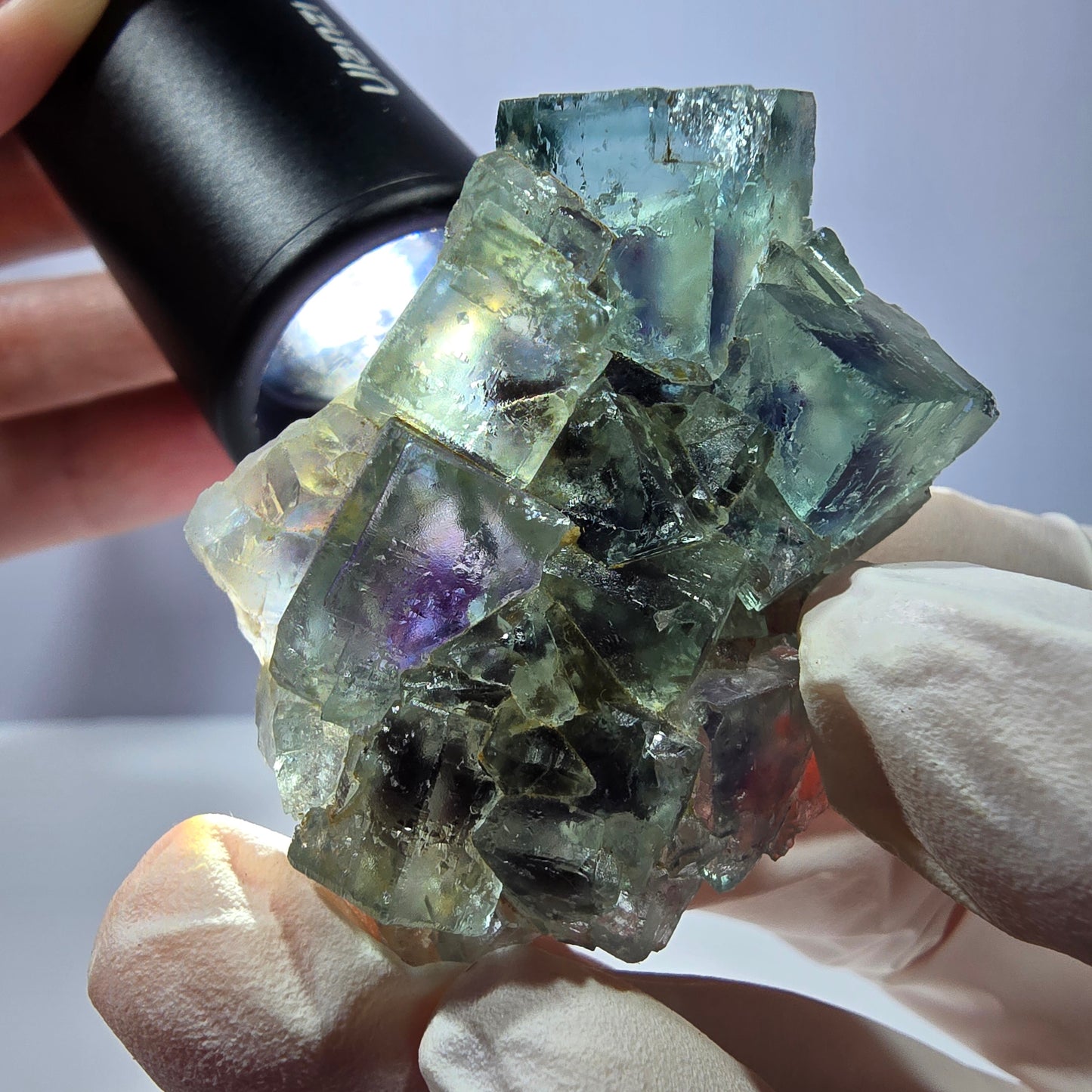 Spécimen de cube de fluorite fantôme, parqueté vert violet Okorusu, Namibie 49*34*13 mm