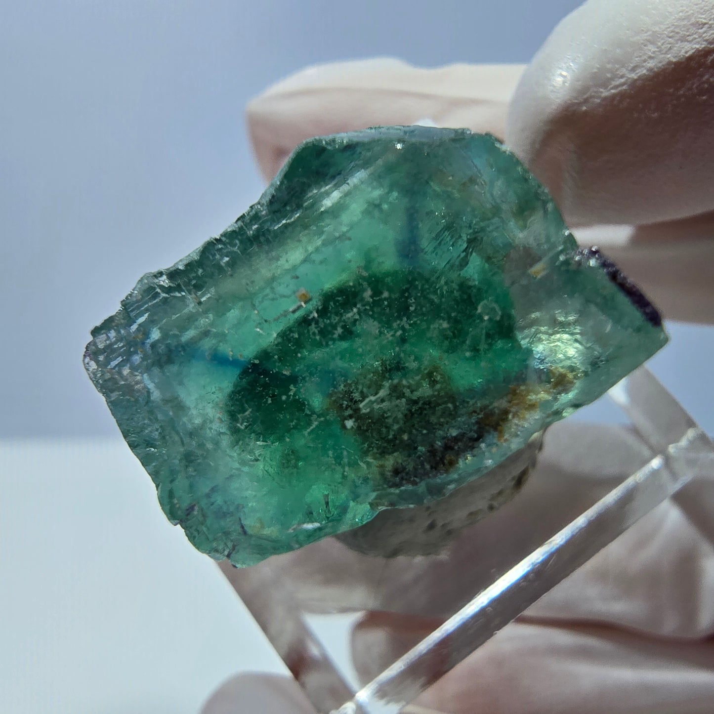 Cube de fluorite fantôme transparente parquetée, vert Okorusu, Namibie 19 x 19 x 15 mm