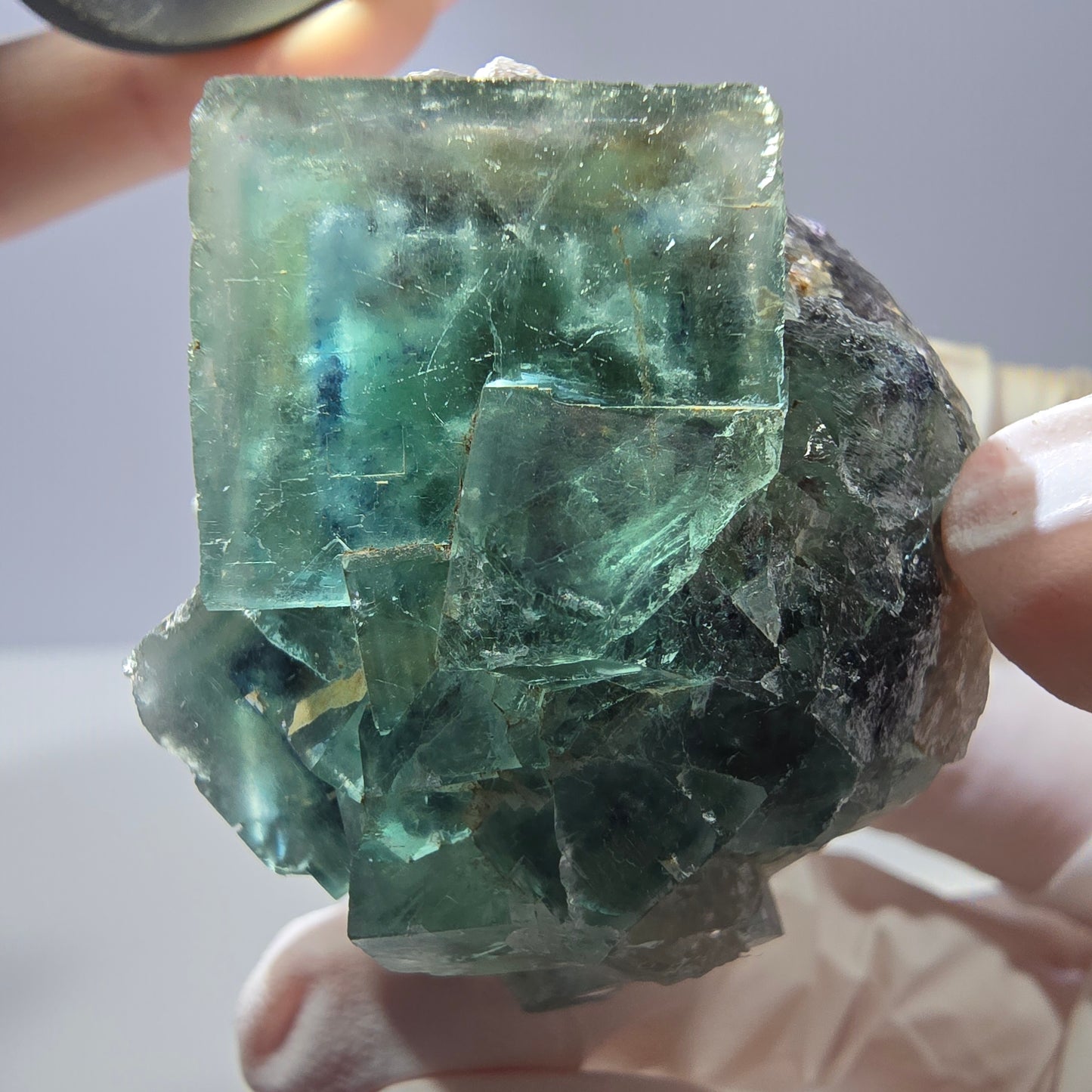 Rare cube de fluorite fantôme, spécimen de quartz vert Okorusu, Namibie 44 x 41 x 39 mm