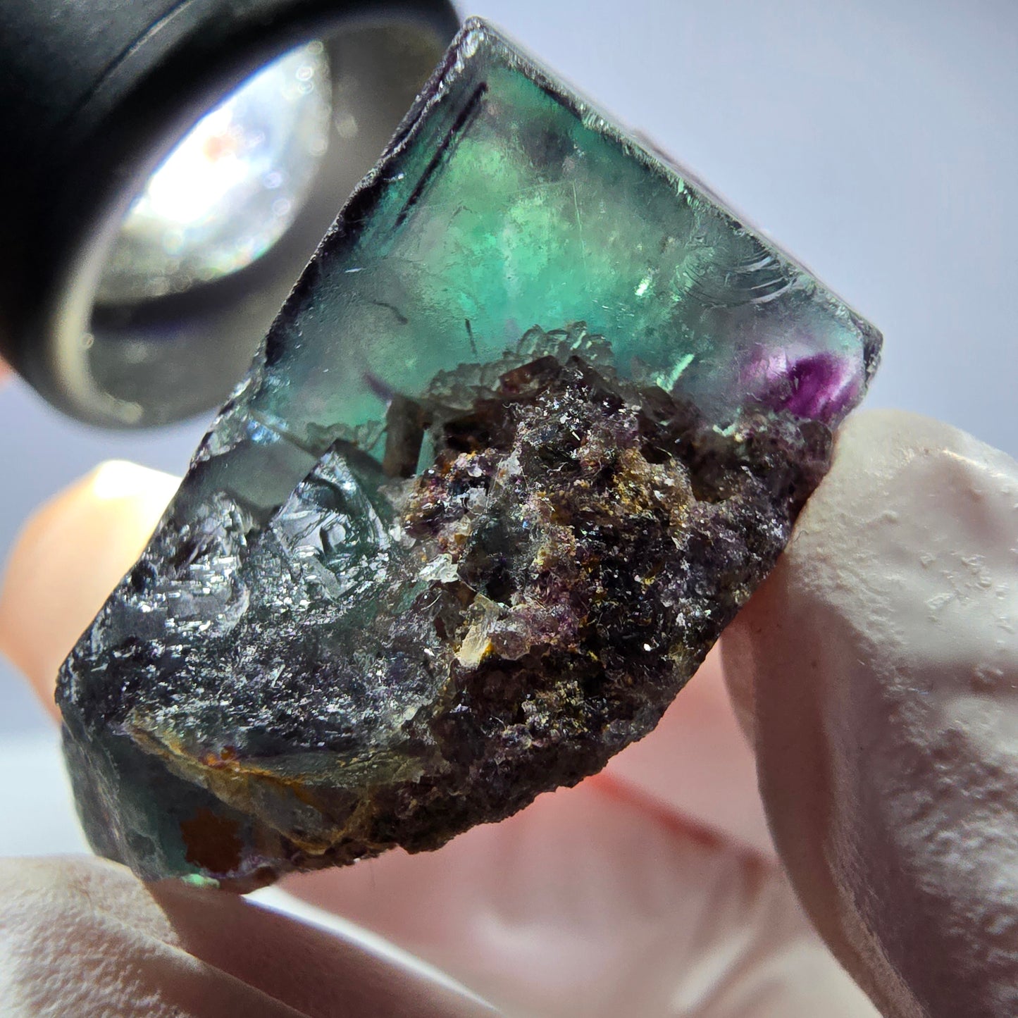 Spécimen de cube de fluorite fantôme parqueté vert violet Okorusu, Namibie 34*26*21mm