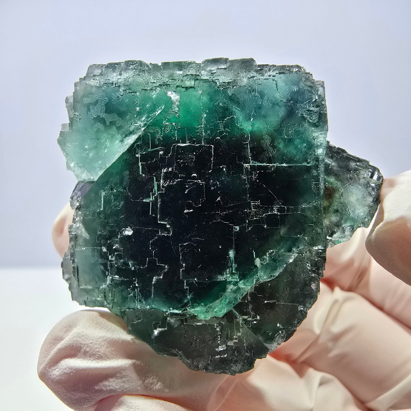 Spécimen de cube de fluorite fantôme transparente, vert parqueté, Okorusu, Namibie, 41 x 39 x 30 mm