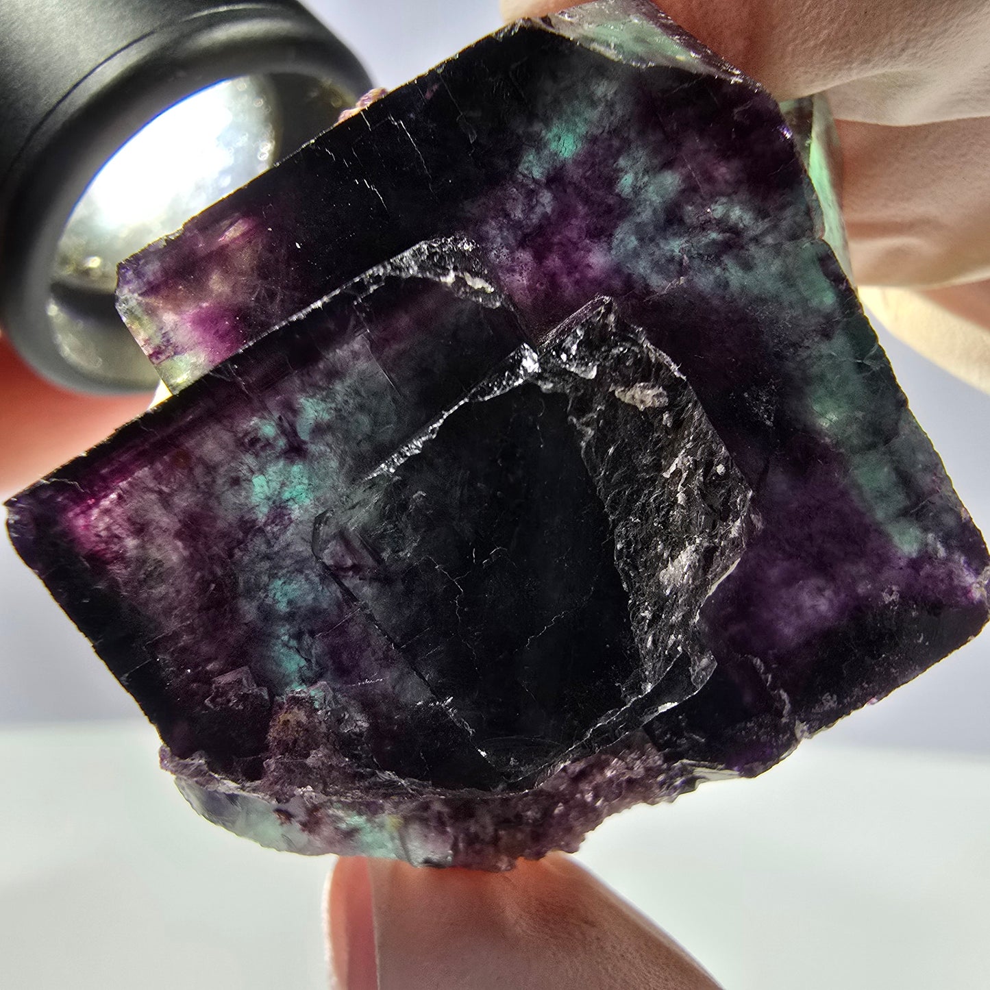 Spécimen de cube de fluorite fantôme parqueté vert violet Okorusu, Namibie 45*34*22mm