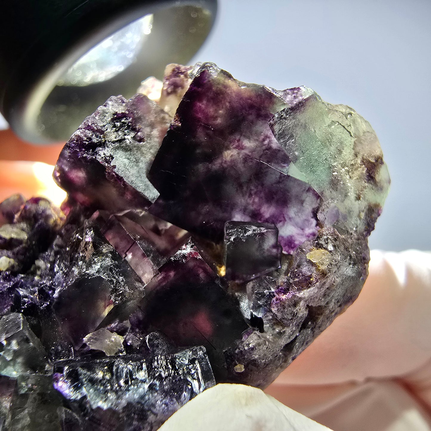 Spécimen de cube de fluorite fantôme parqueté vert violet Okorusu, Namibie 49*27*17mm