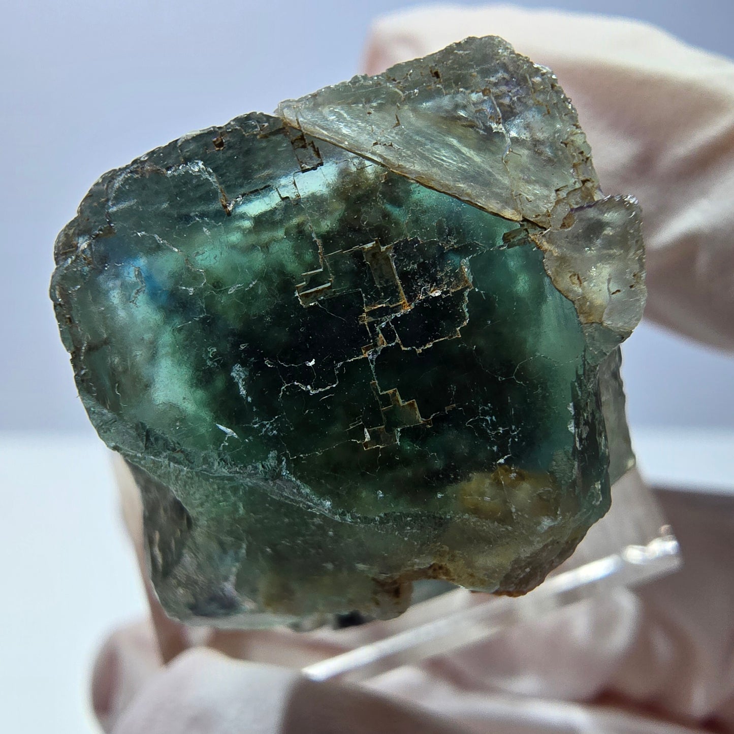 Cube de fluorite fantôme transparente parquetée, vert Okorusu, Namibie 21 x 19 x 19 mm