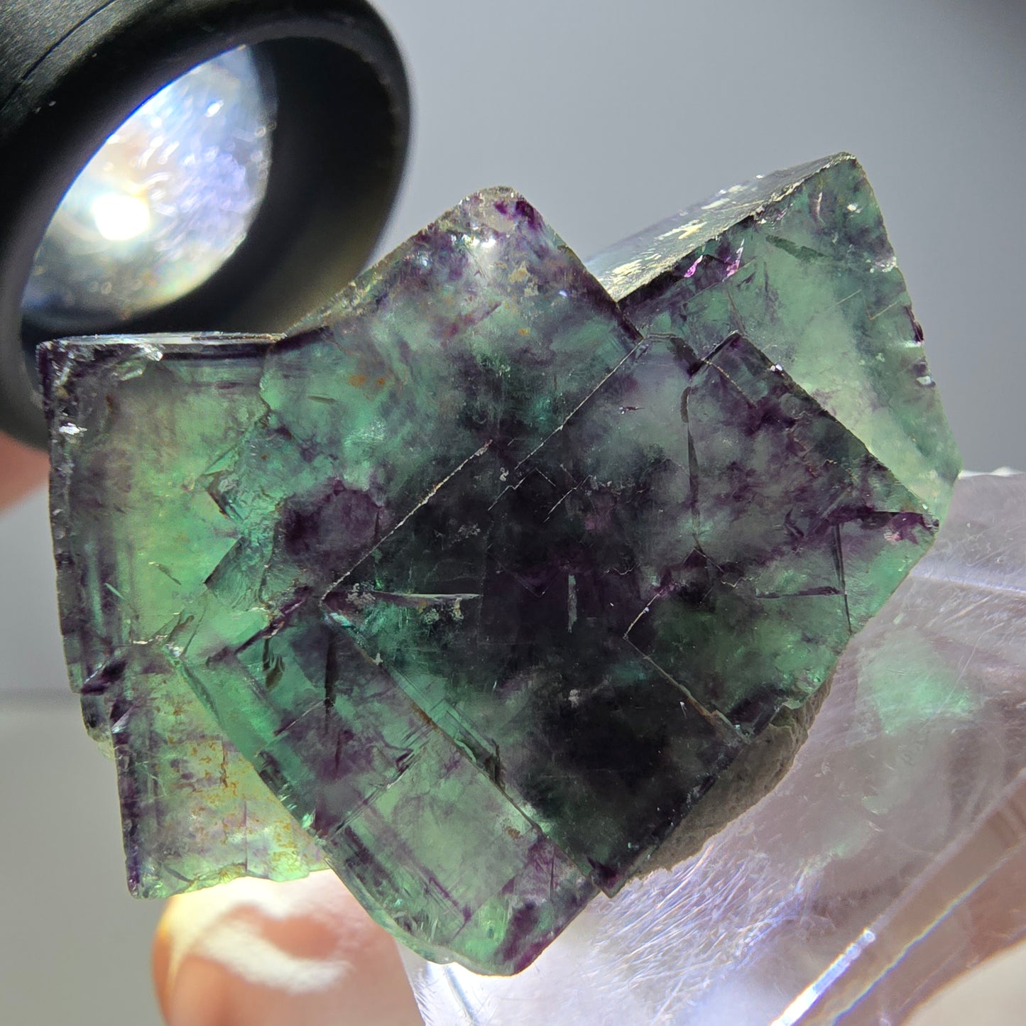 Spécimen rare de cube de fluorite fantôme, vert-violet, Okorusu, Namibie, 34 x 24 x 14 mm