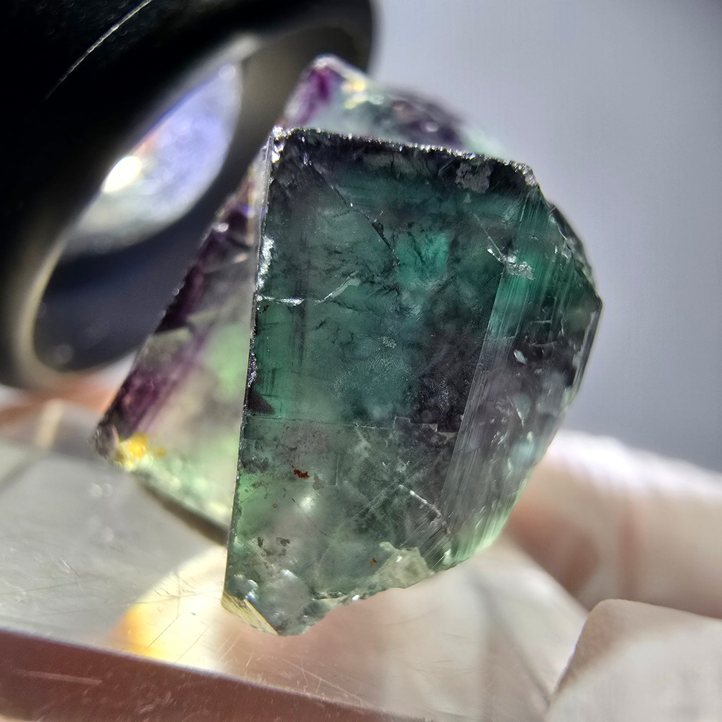 Spécimen rare de cube de fluorite fantôme, vert-violet, Okorusu, Namibie, 34 x 24 x 14 mm