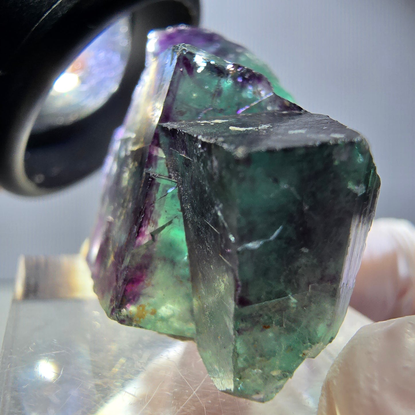 Spécimen rare de cube de fluorite fantôme, vert-violet, Okorusu, Namibie, 34 x 24 x 14 mm