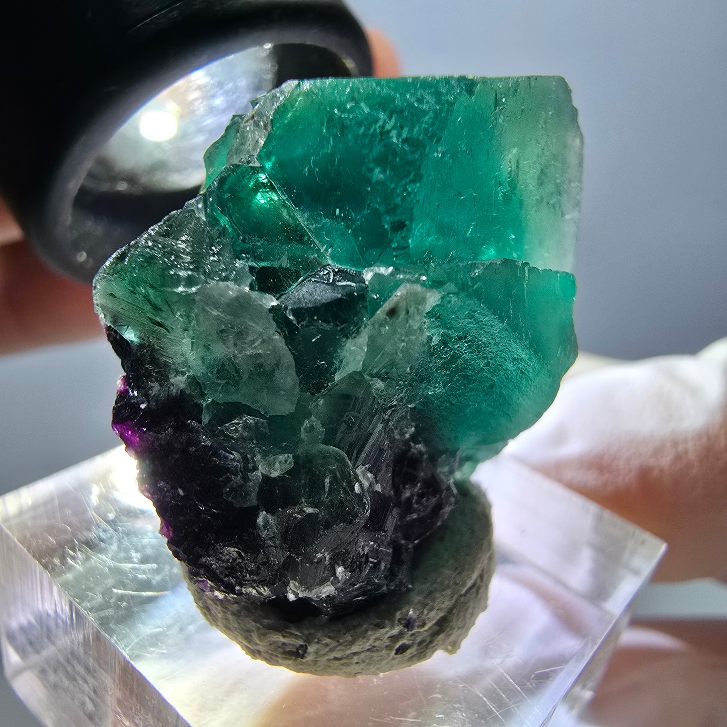 Spécimen rare de cube de fluorite fantôme, vert-violet, Okorusu, Namibie, 27 x 25 x 17 mm