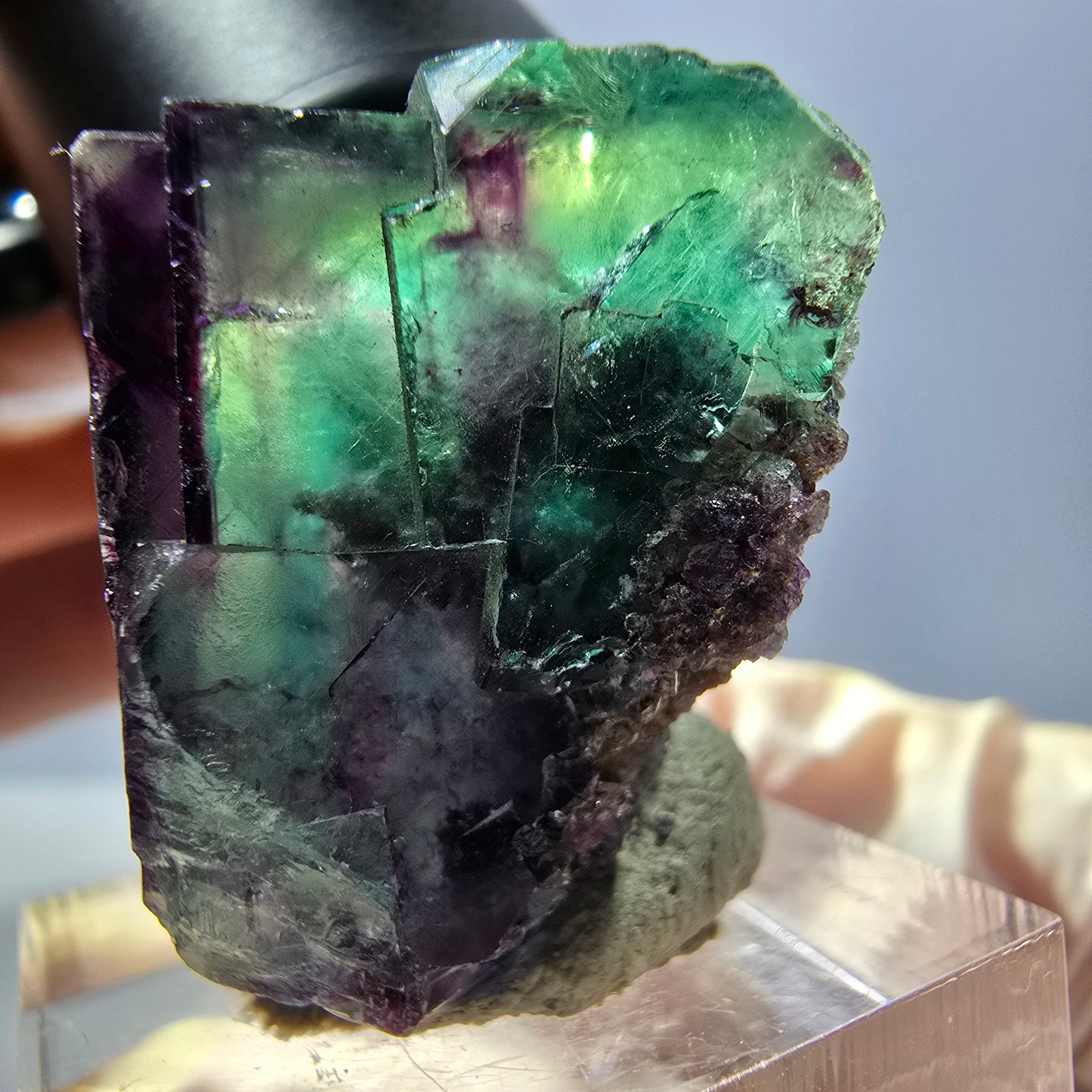 Rare spécimen de cube de fluorite fantôme, vert-violet, Okorusu, Namibie, 26 x 24 x 22 mm