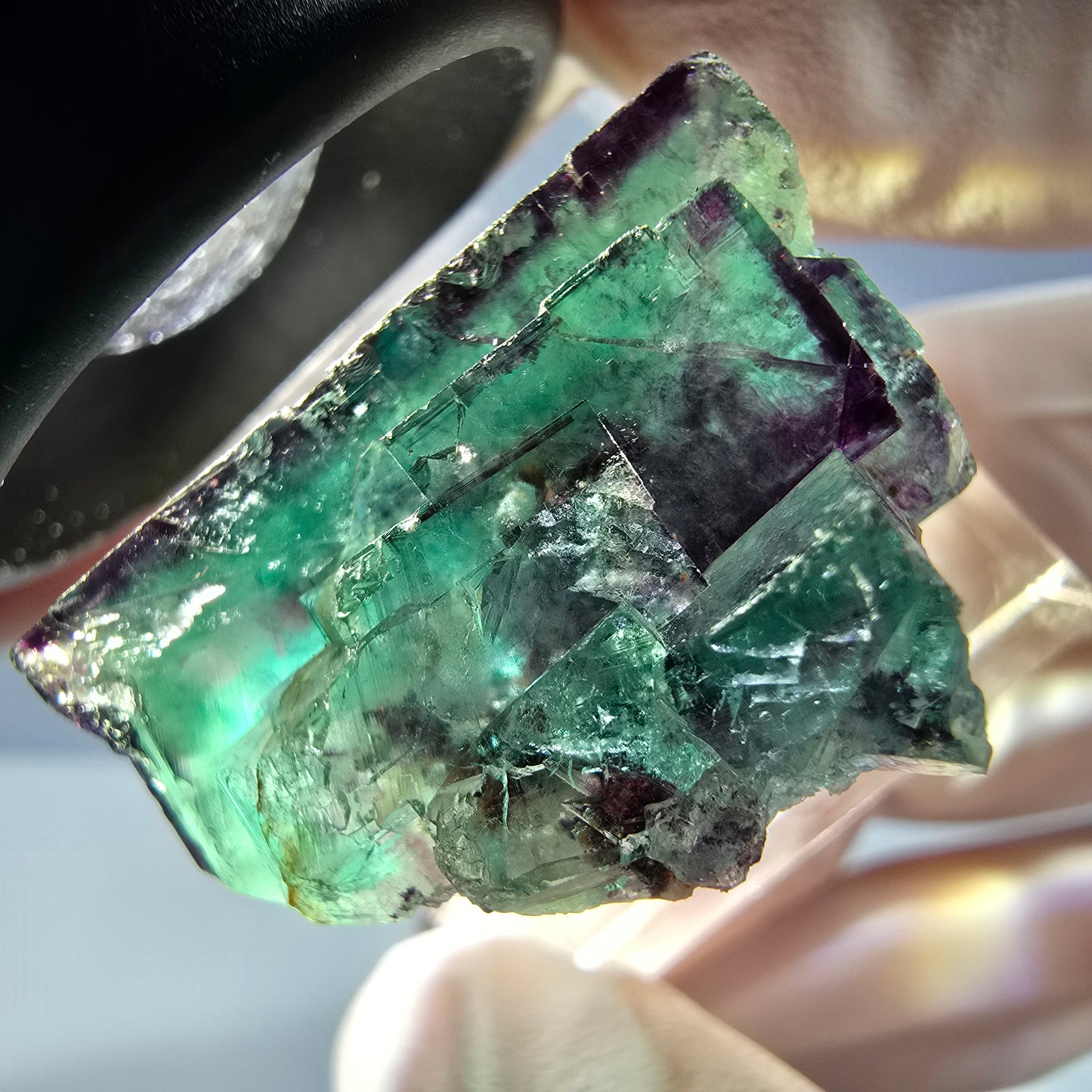 Rare spécimen de cube de fluorite fantôme, vert-violet, Okorusu, Namibie, 26 x 25 x 16 mm