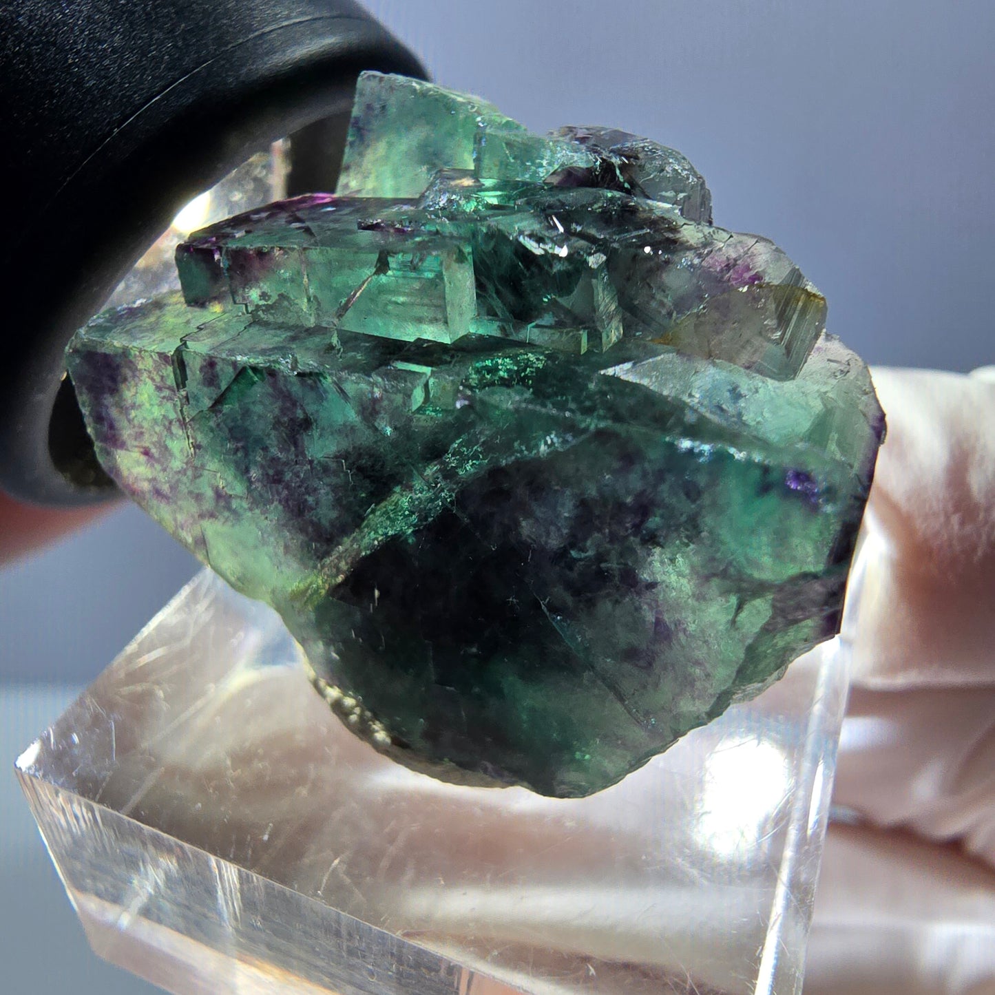 Rare spécimen de cube de fluorite fantôme, vert-violet, Okorusu, Namibie, 26 x 25 x 16 mm