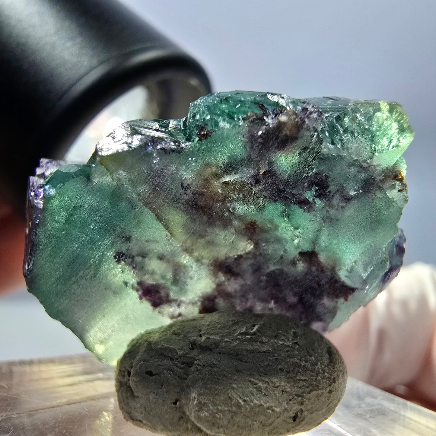 Rare spécimen de cube de fluorite fantôme, vert-violet, Okorusu, Namibie, 26 x 25 x 16 mm