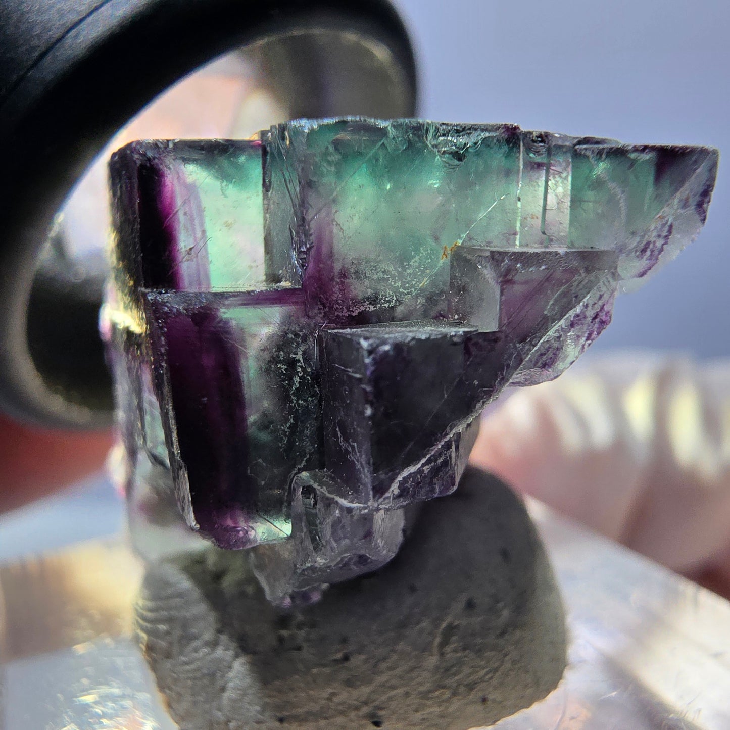Rare spécimen de cube de fluorite fantôme, vert-violet, Okorusu, Namibie, 27 x 22 x 20 mm