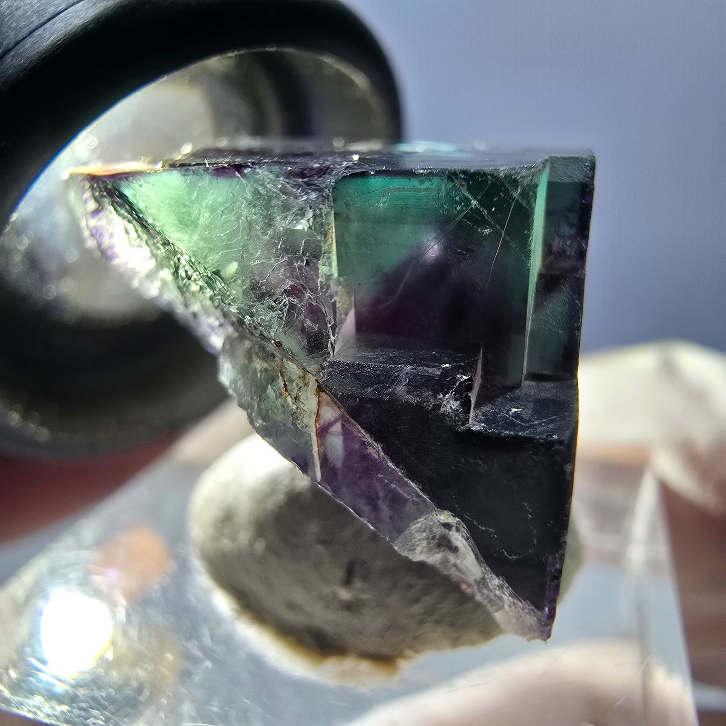 Rare spécimen de cube de fluorite fantôme, vert-violet, Okorusu, Namibie, 27 x 22 x 20 mm
