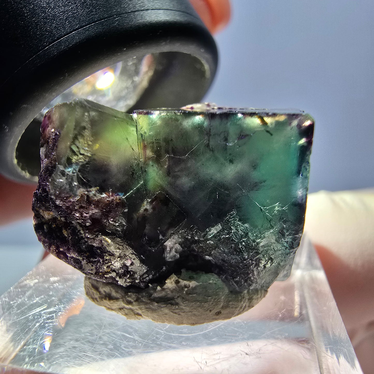 Rare spécimen de cube de fluorite fantôme, vert-violet, Okorusu, Namibie, 26 x 17 x 16 mm
