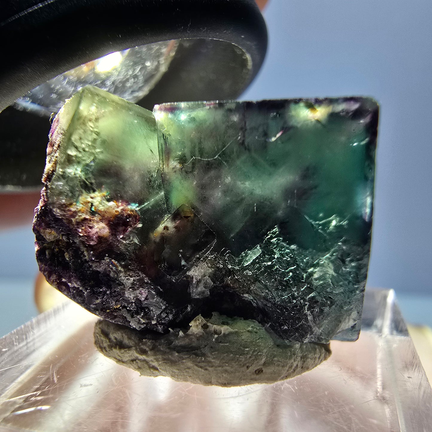 Rare spécimen de cube de fluorite fantôme, vert-violet, Okorusu, Namibie, 26 x 17 x 16 mm