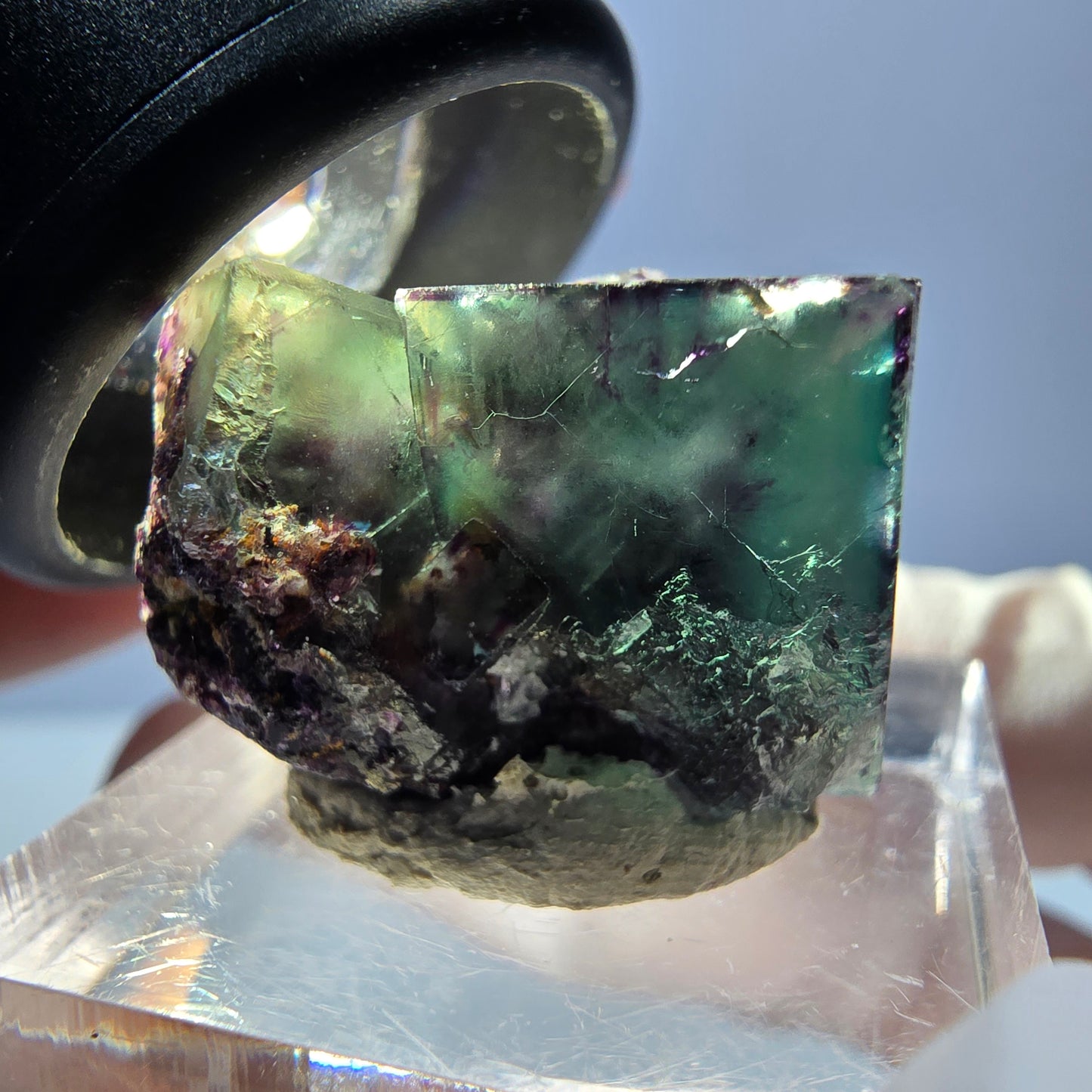 Rare spécimen de cube de fluorite fantôme, vert-violet, Okorusu, Namibie, 26 x 17 x 16 mm