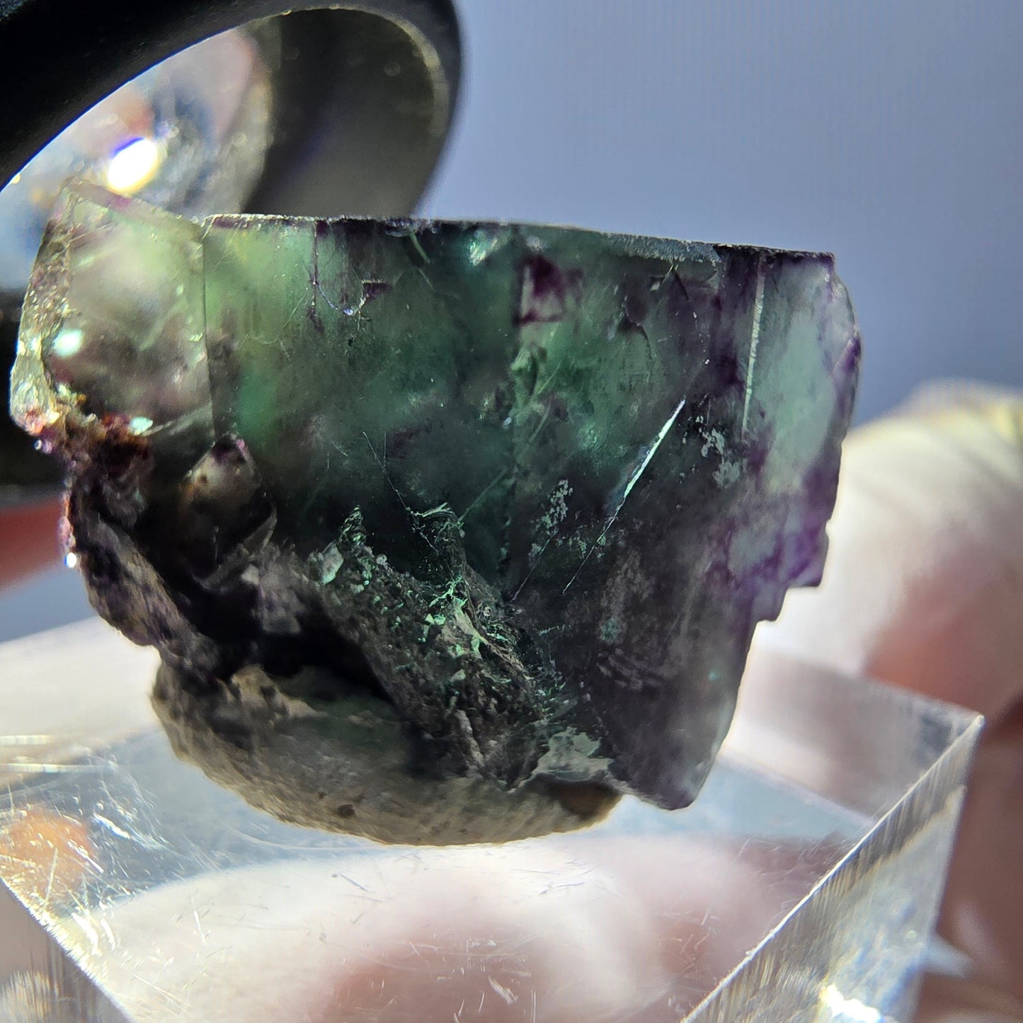 Rare spécimen de cube de fluorite fantôme, vert-violet, Okorusu, Namibie, 26 x 17 x 16 mm