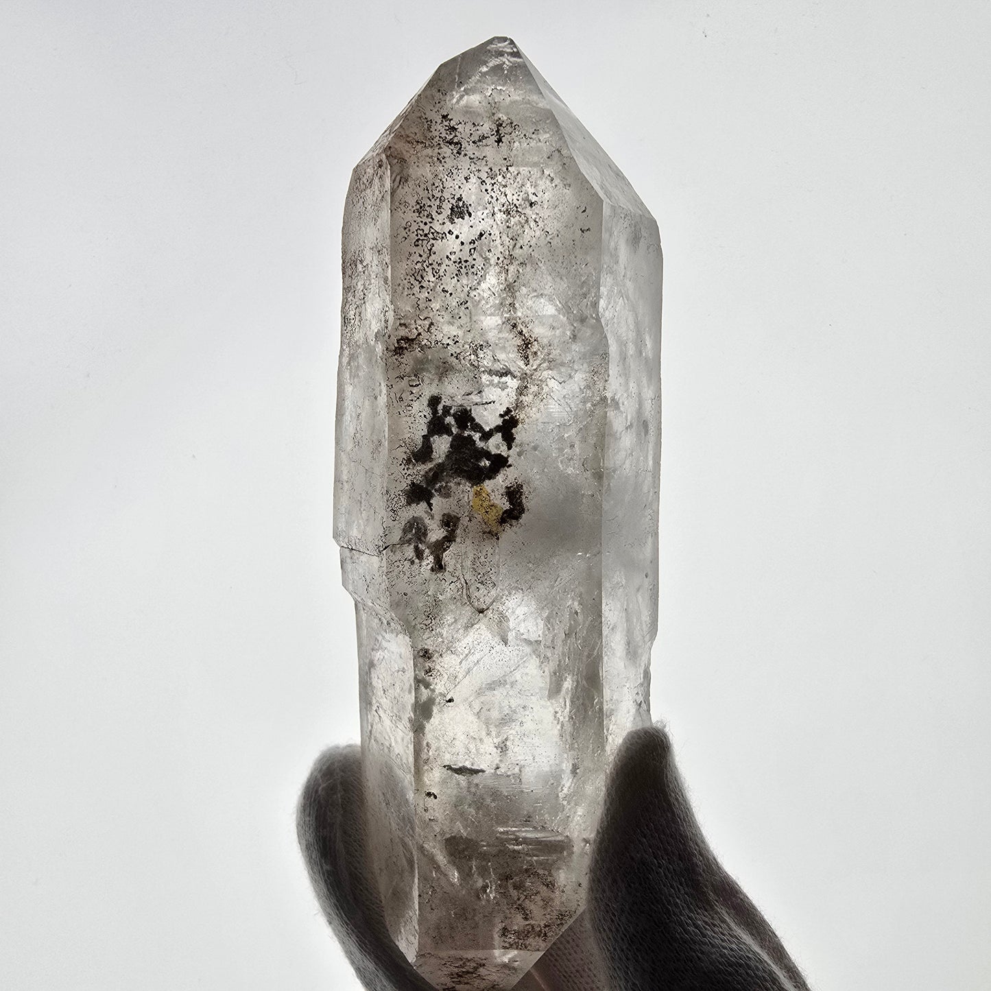 Quartz fumé squelette Enhydro DT UV Calcite, grosse bulle Valentine Pocket Namibie 134*45*37mm