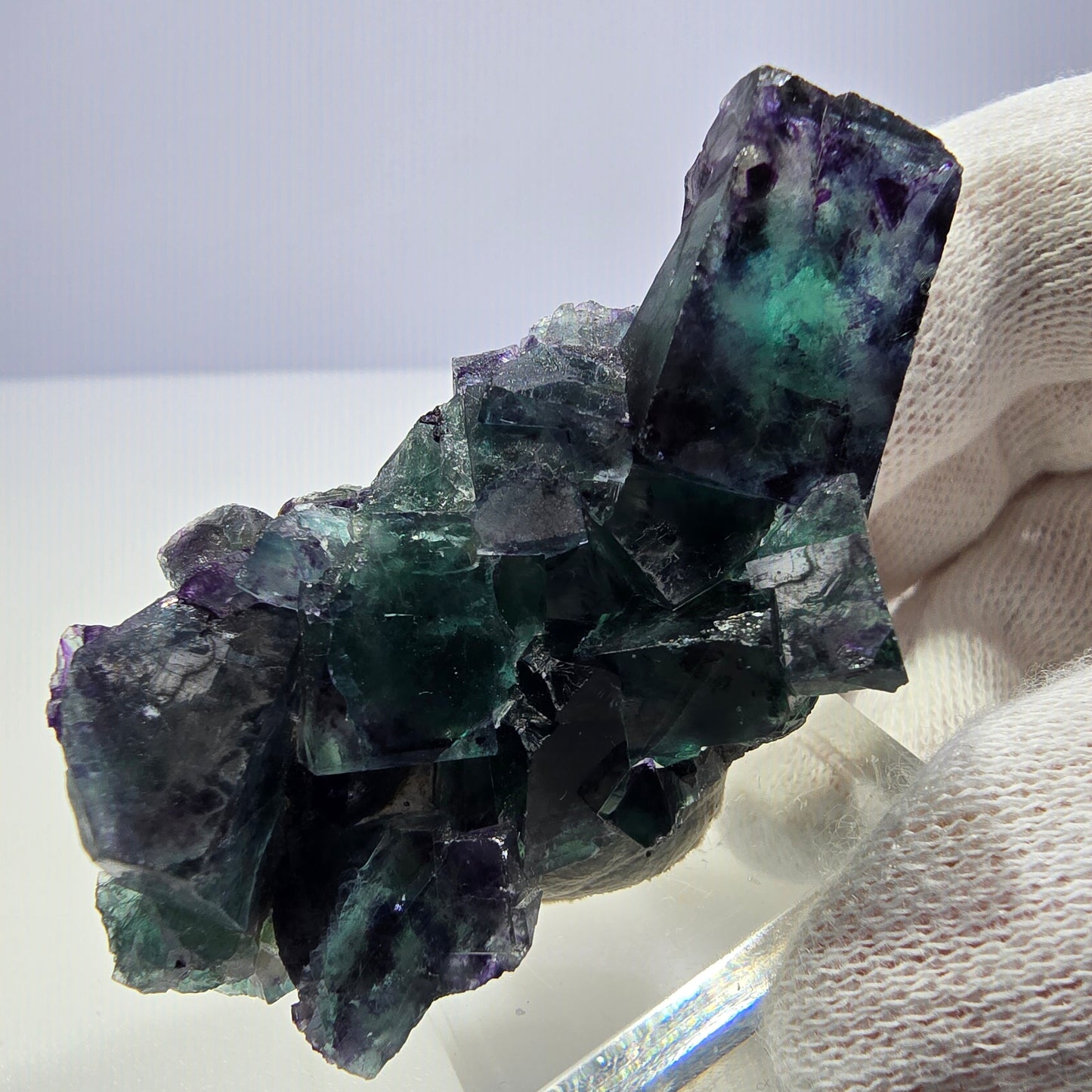 Spécimen de cube de fluorite fantôme transparente, vert-violet zonal, Okorusu, Namibie, 57 x 32 x 18 mm