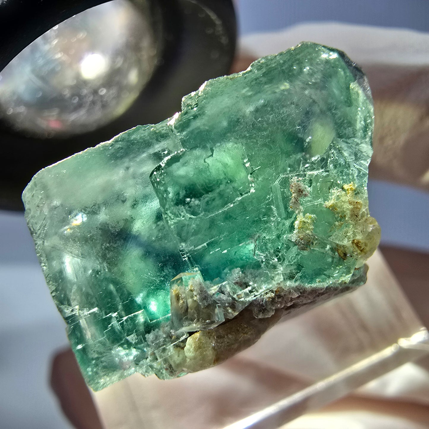 Cube de fluorite fantôme transparente parquetée, vert Okorusu, Namibie 20 x 19 x 15 mm