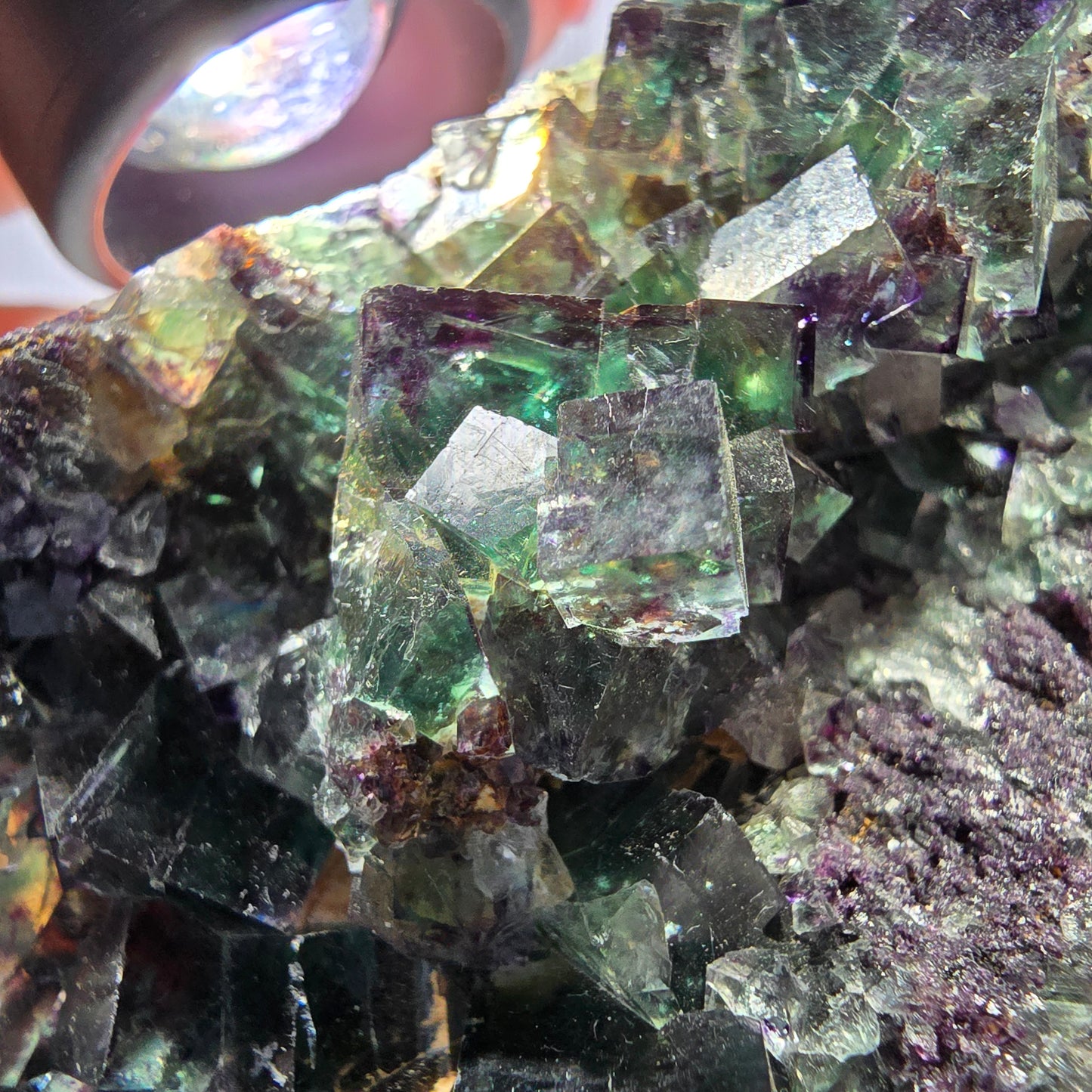 Grand spécimen de cube de fluorite fantôme, vert violet, Okorusu, Namibie, 83 x 55 x 29 mm