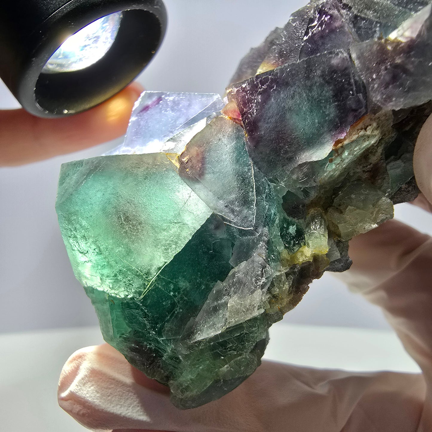 Grand spécimen de cube de fluorite fantôme, vert violet, Okorusu, Namibie, 88 x 60 x 40 mm
