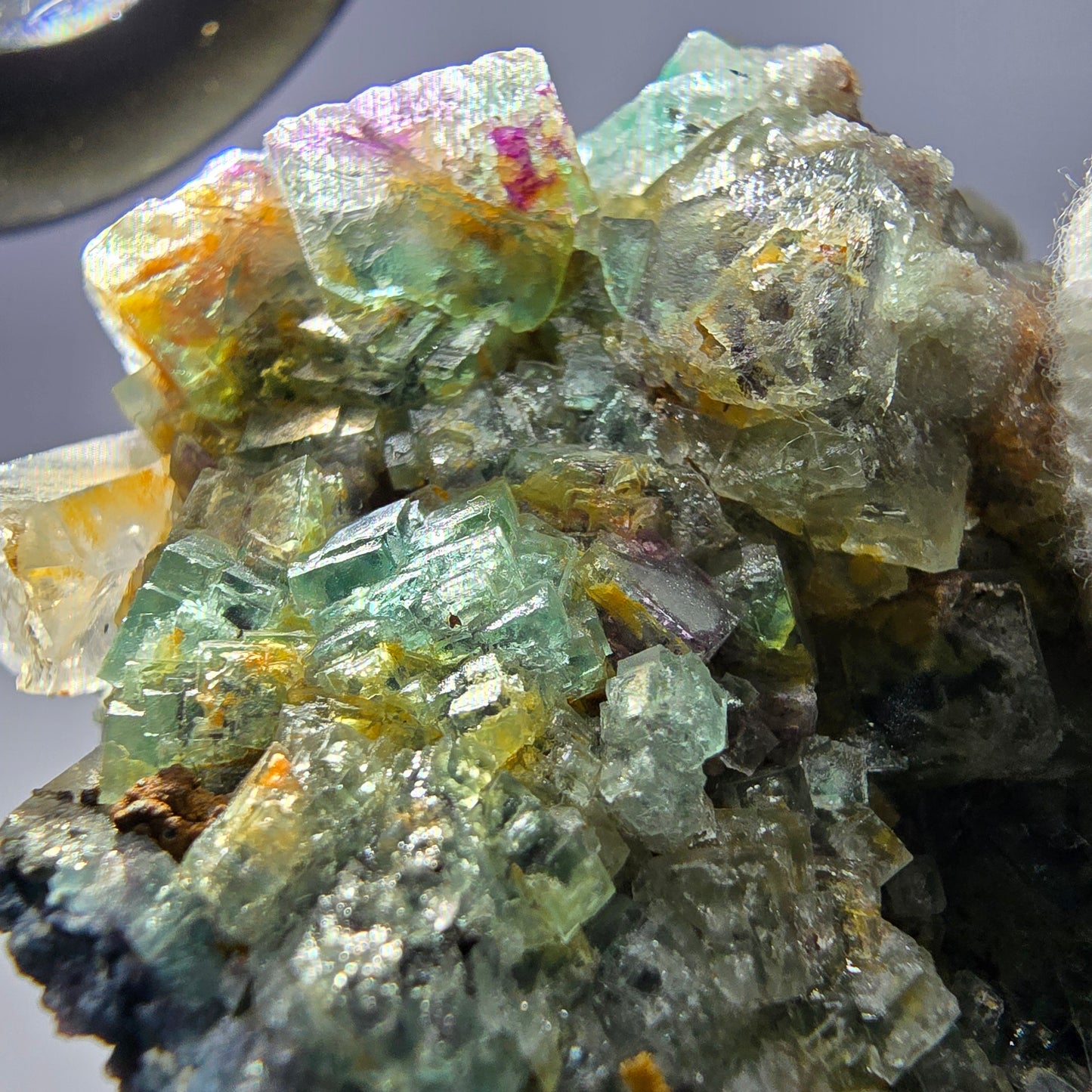 Phantom Fluorit Würfel zonal, Rauchquarz Stufe Erongo, Namibia 67*49*29mm