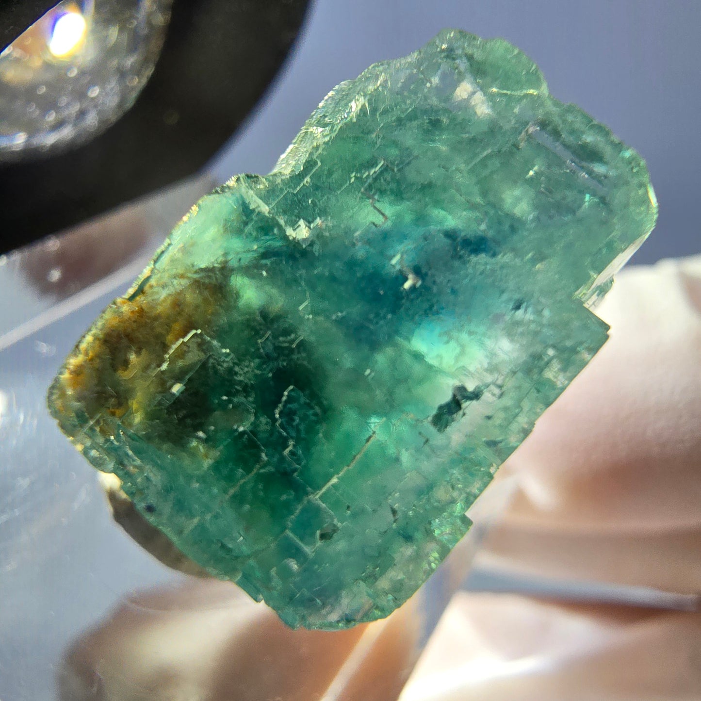 Cube de fluorite fantôme transparente parquetée, vert Okorusu, Namibie 18 x 18 x 14 mm