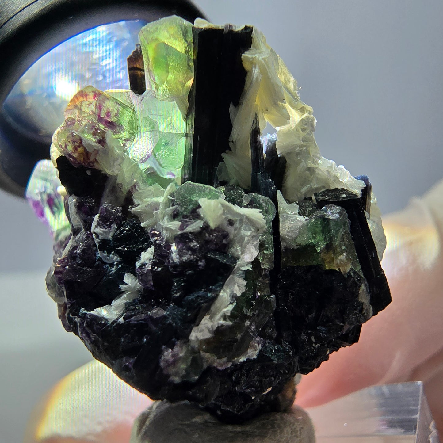 Cube de fluorite fantôme, zonal, muscovite, spécimen de tourmaline Schorl, Erongo, Namibie, 36 x 31 x 22 mm