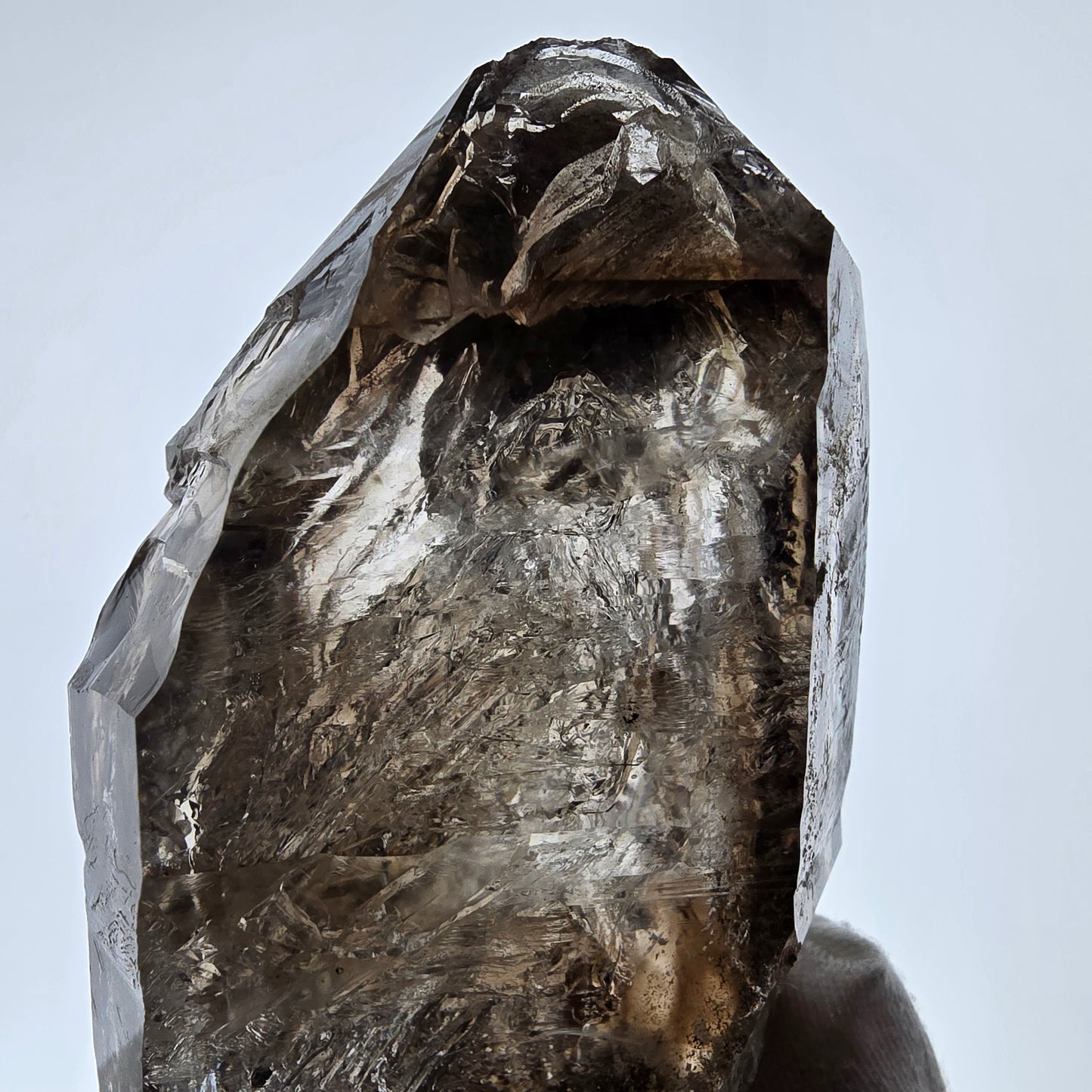 Sceptre en quartz fumé squelette Enhydro, calcite UV, 3 bulles, poche Saint-Valentin, Namibie, 149 x 71 x 52 mm