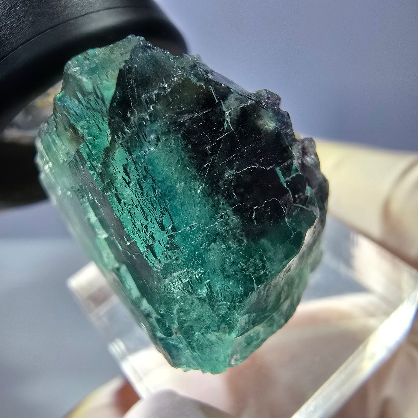 Cristal de fluorite fantôme transparent, cube vert-violet, Okorusu, Namibie, 24 x 24 x 20 mm