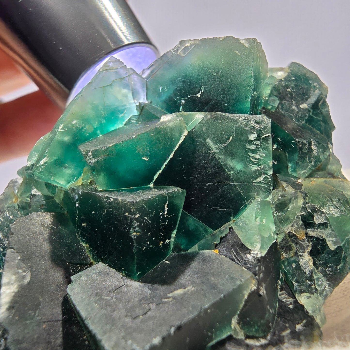 Seltene Phantom Fluorit Würfel Stufe parkettiert grün Okorusu Namibia 82*41*23mm